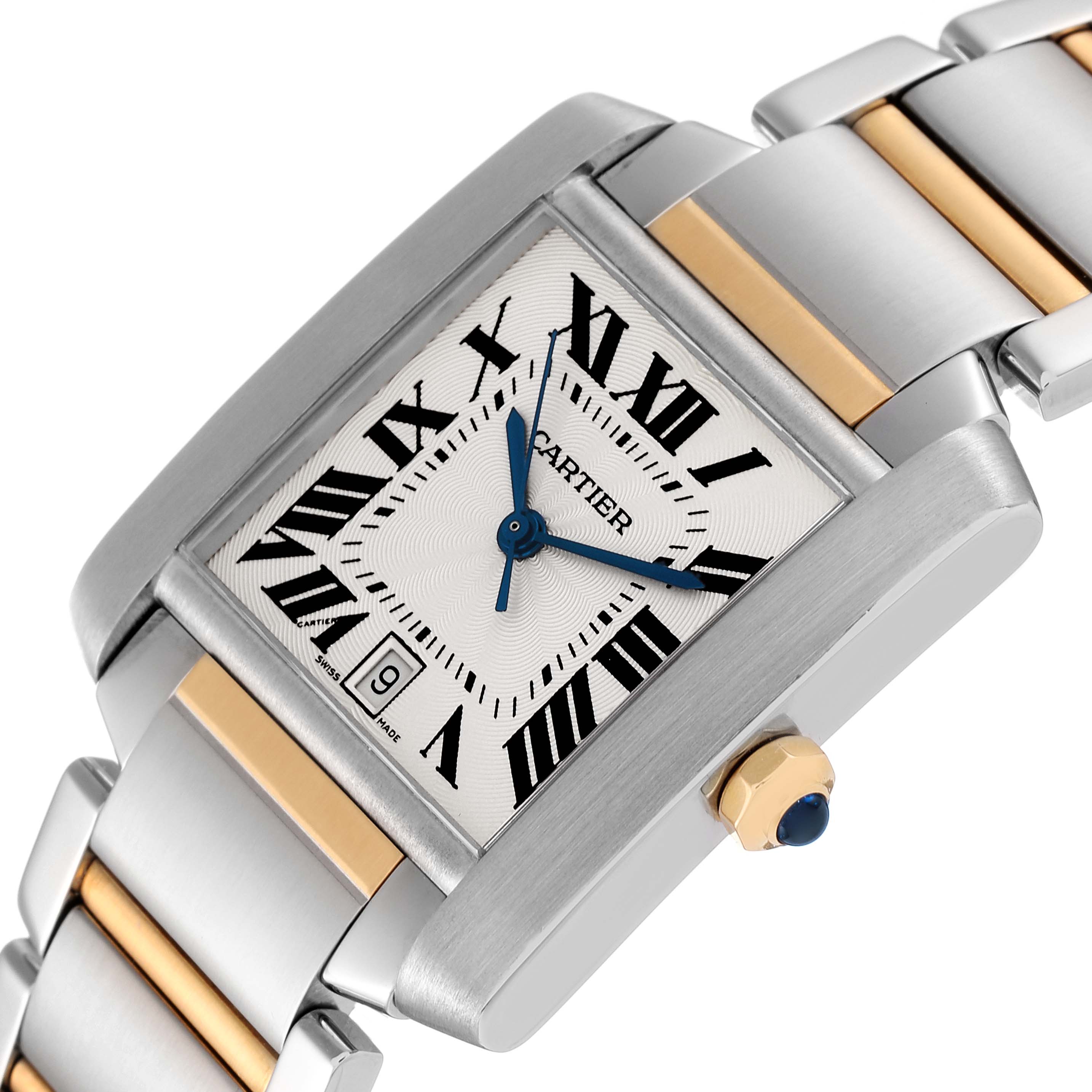 This image shows a close-up angle of the Cartier Tank Française watch, focusing on the dial, bracelet, and crown.