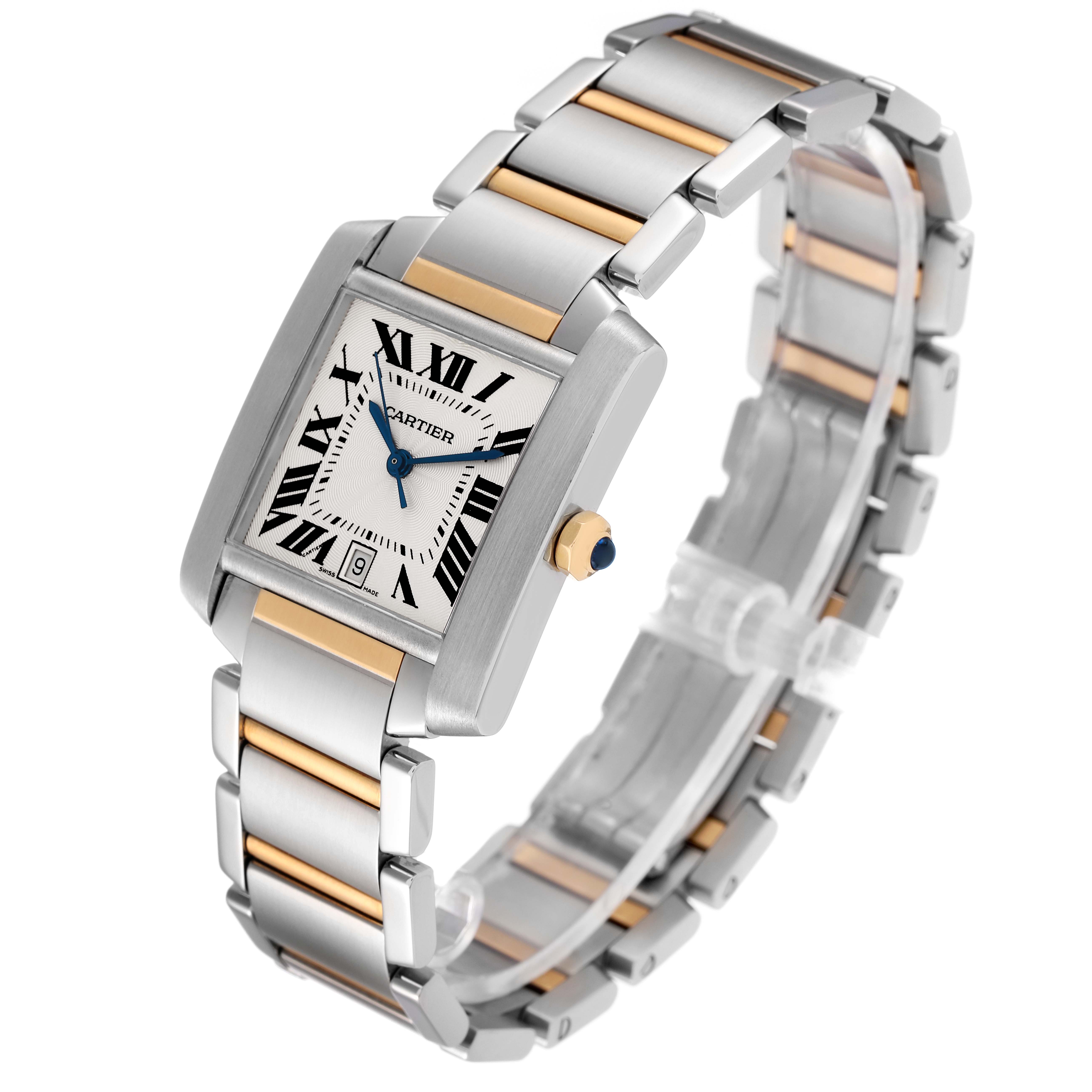 The image shows a Cartier Tank Française watch viewed at an angle displaying its face, strap, and side crown.