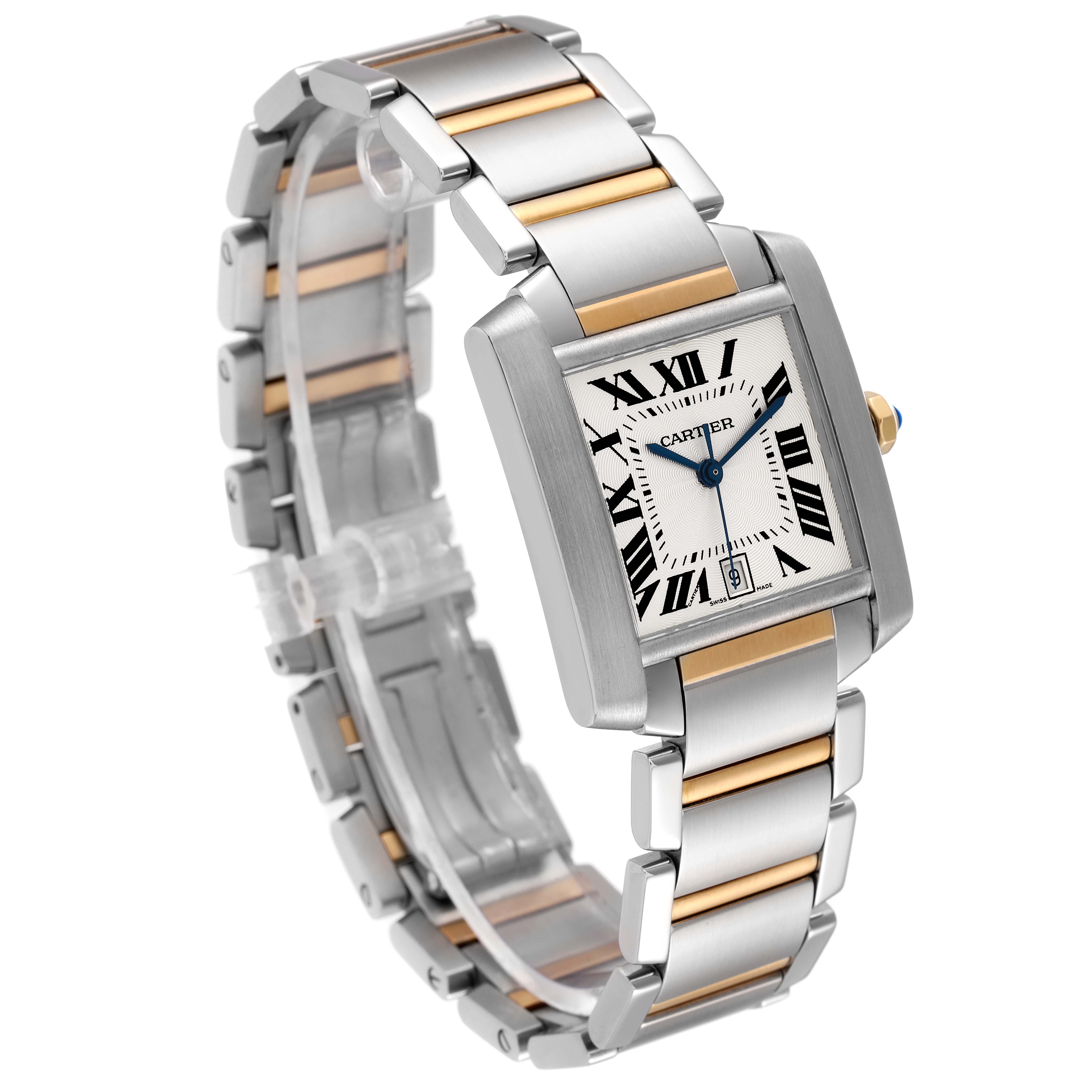 This image shows the Cartier Tank Francaise W51005Q4 Men's Steel and Gold (two tone) Silver Dial W51005Q4 Men's Steel and Gold (two tone) Silver Dial watch at an angle displaying its rectangular face, Roman numeral dial, and metal link bracelet.