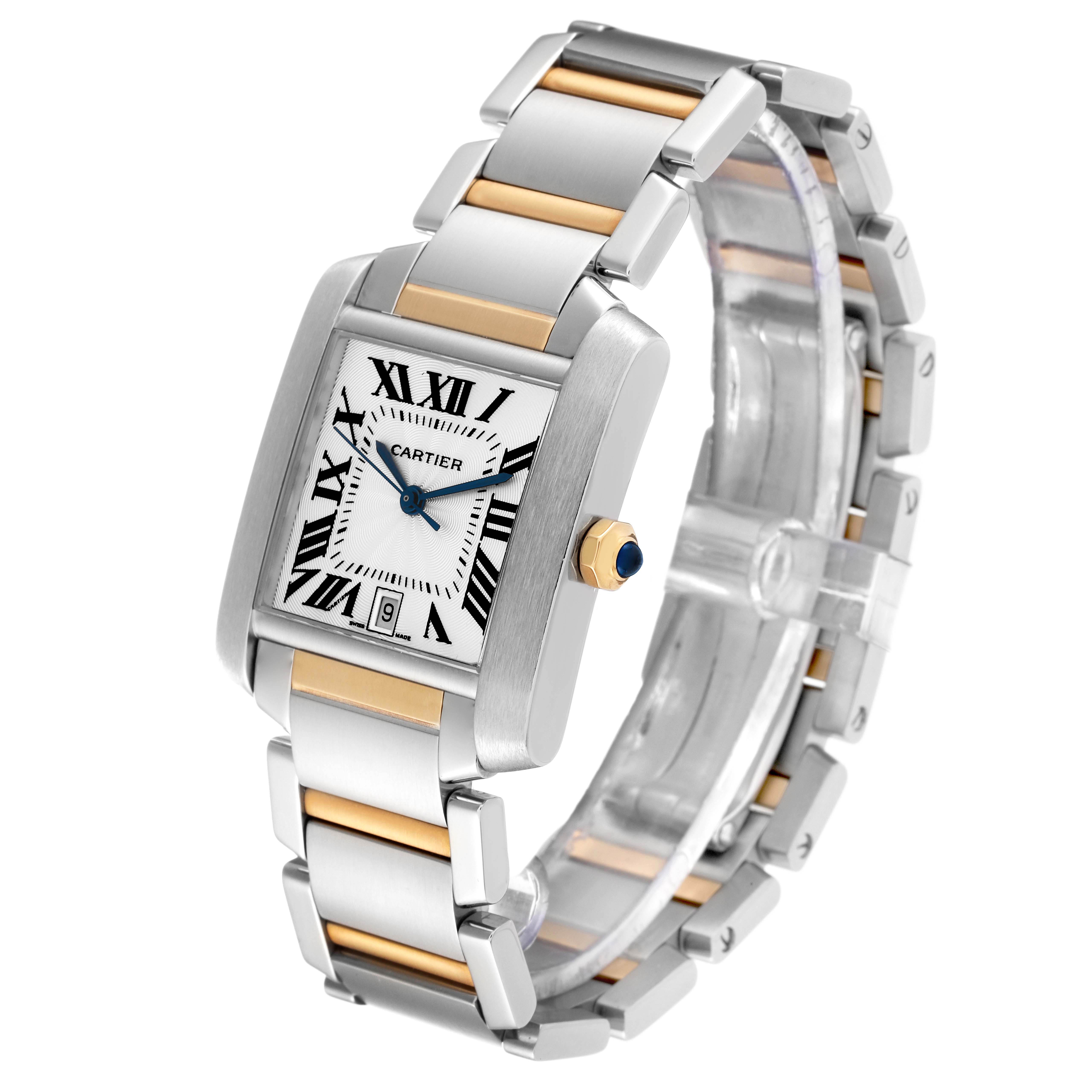 The Cartier Tank Francaise W51005Q4 Men
s Steel and Gold (two tone) Silver Dial W51005Q4 Men
s Steel and Gold (two tone) Silver Dial watch is shown at a three-quarter angle, highlighting the dial, bracelet, and crown.