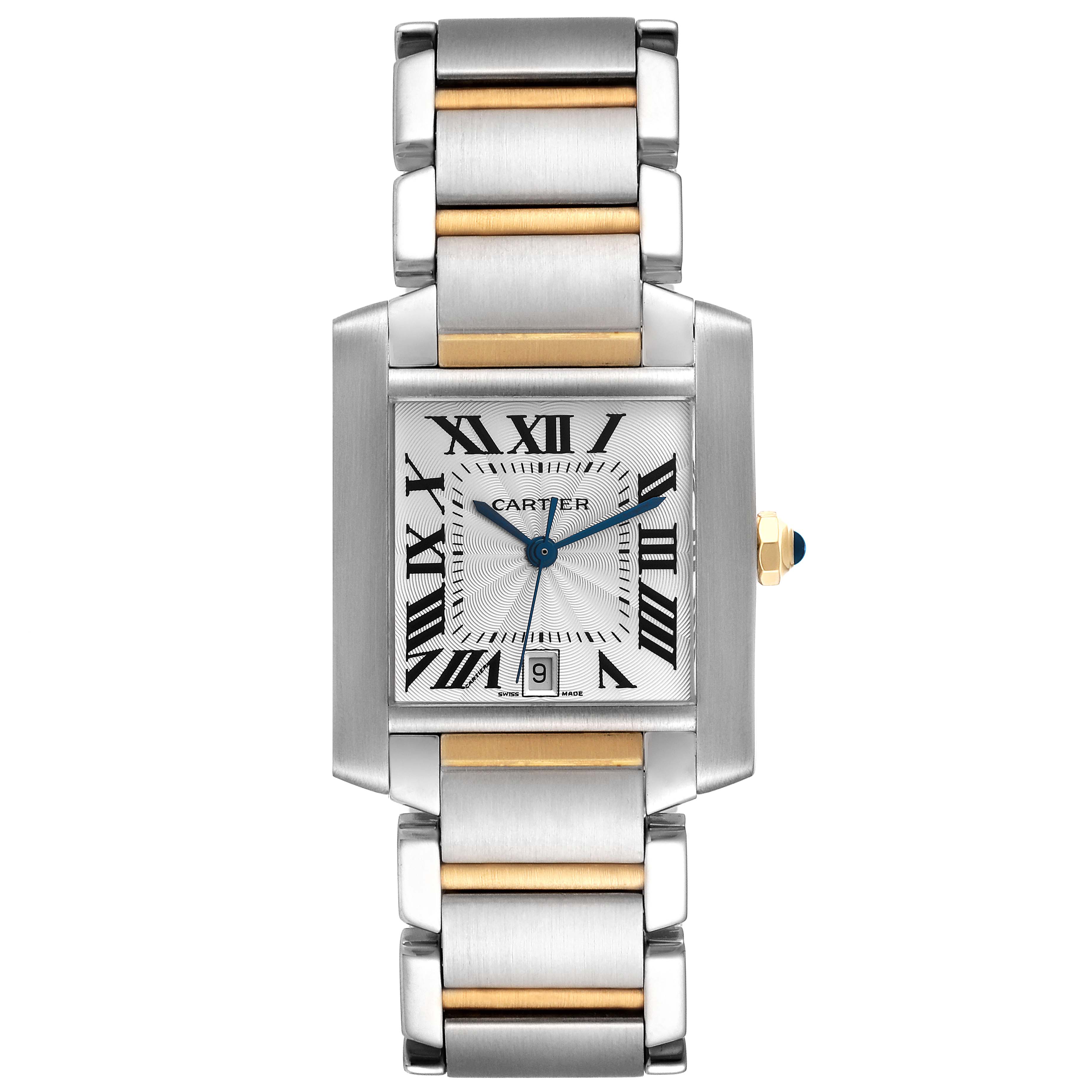 This Cartier Tank Francaise W51005Q4 Men
s Steel and Gold (two tone) Silver Dial W51005Q4 Men
s Steel and Gold (two tone) Silver Dial model is shown from a front angle, displaying the watch face, bracelet, and crown.