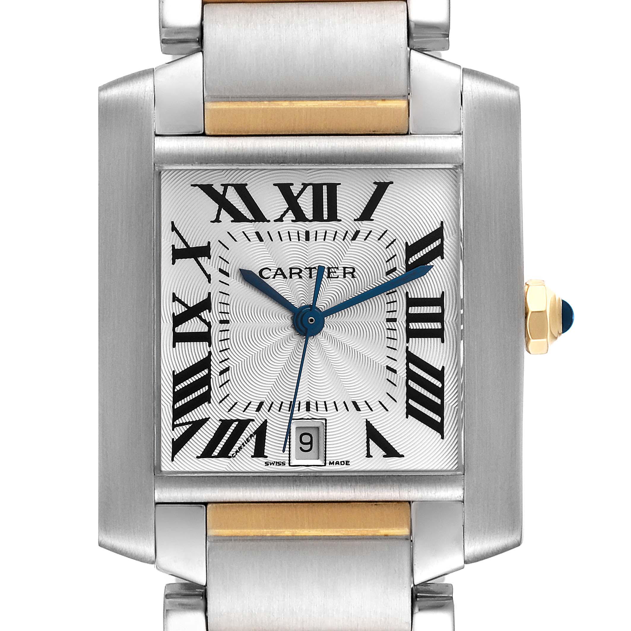 The image shows a frontal view of the Cartier Tank Française watch, highlighting the face, dial, and part of the bracelet.