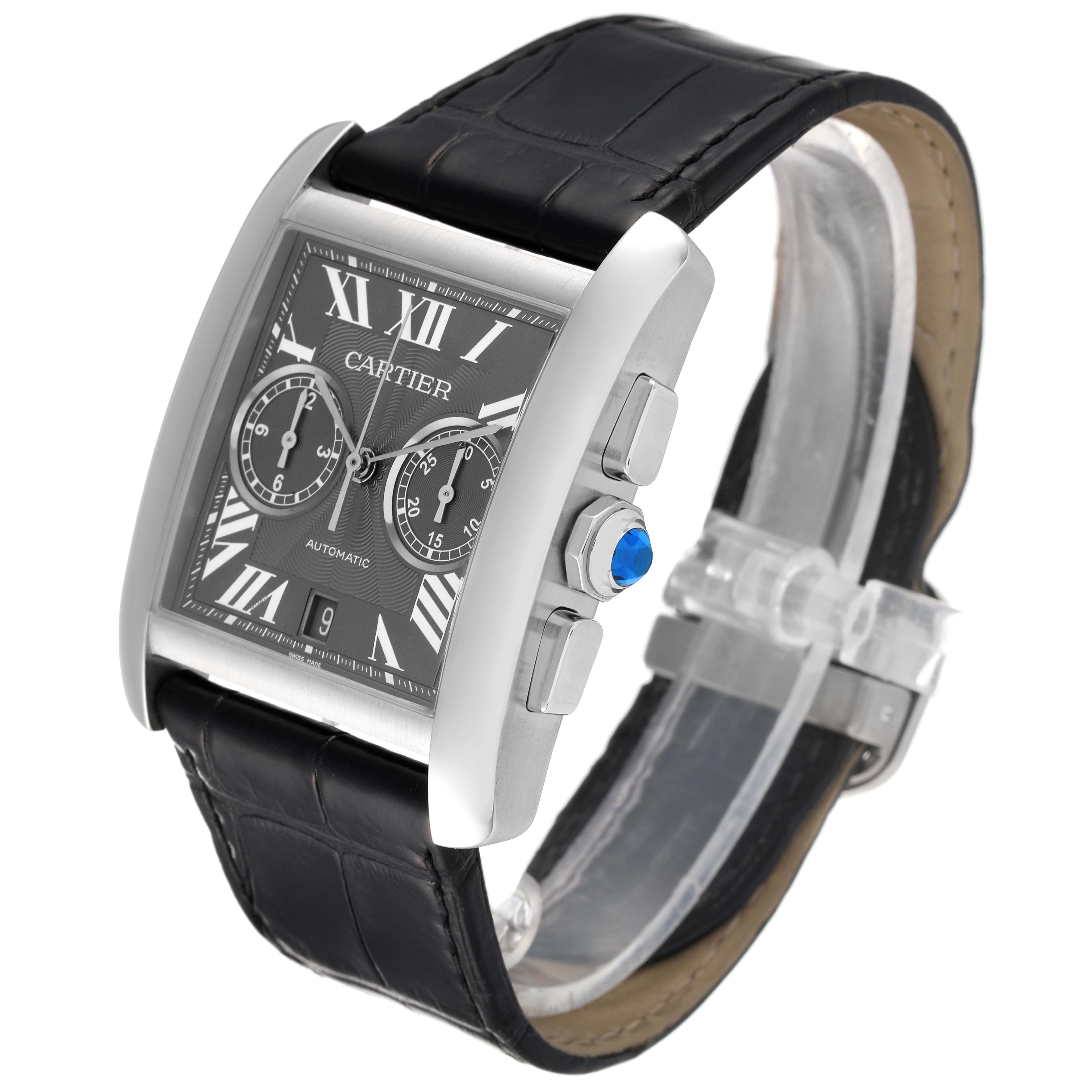 The image shows a Tank MC model by Cartier at a slight side angle, revealing the face, strap, crown, and push-buttons.