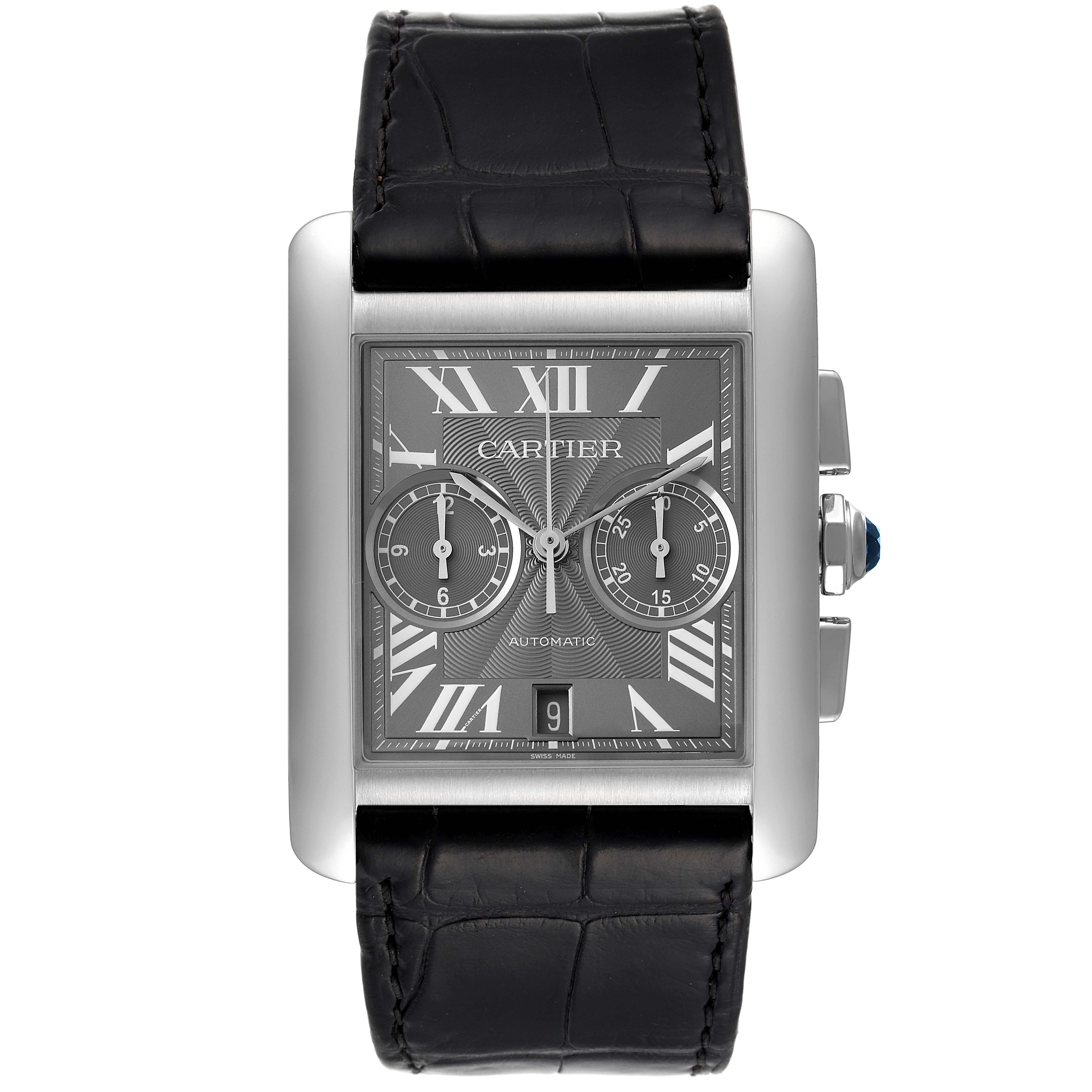 The image shows a front view of the Cartier Tank MC W5330008 Men's Stainless Steel Grey Dial W5330008 Men's Stainless Steel Grey Dial watch, including its black leather strap and detailed rectangular dial.