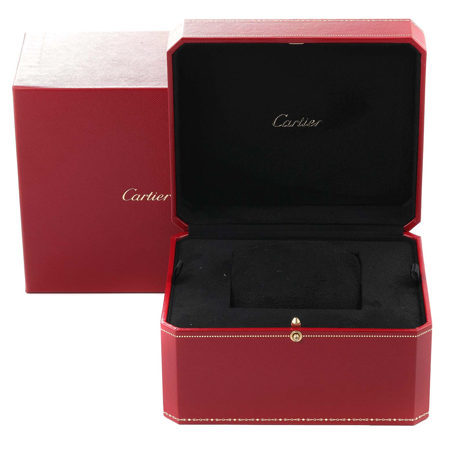 The image shows an open red Cartier box with the logo inside, designed for the Tank MC model watch.
