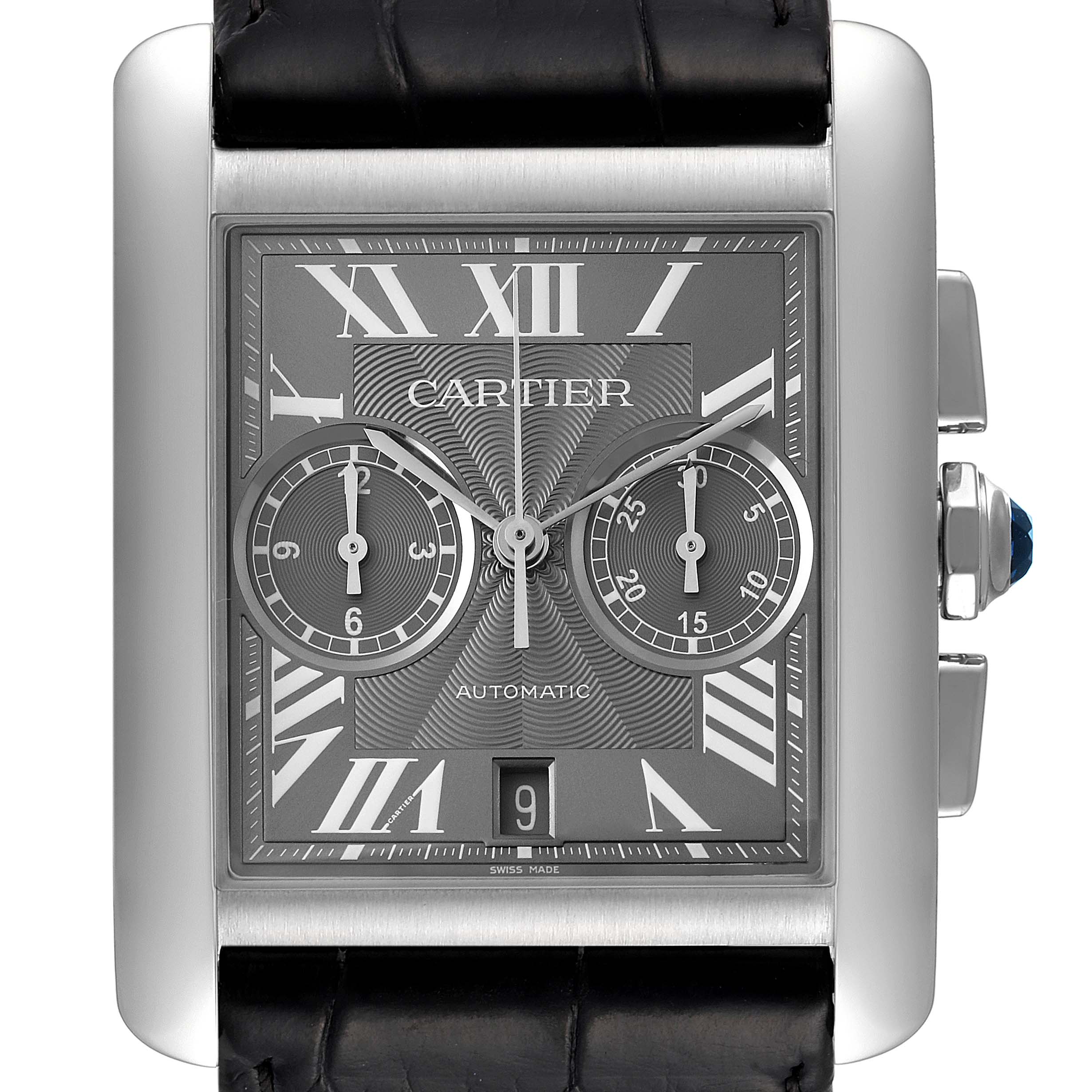 This image shows a front view of the Cartier Tank MC W5330008 Men's Stainless Steel Grey Dial W5330008 Men's Stainless Steel Grey Dial watch, highlighting its face, two subdials, and side crown.