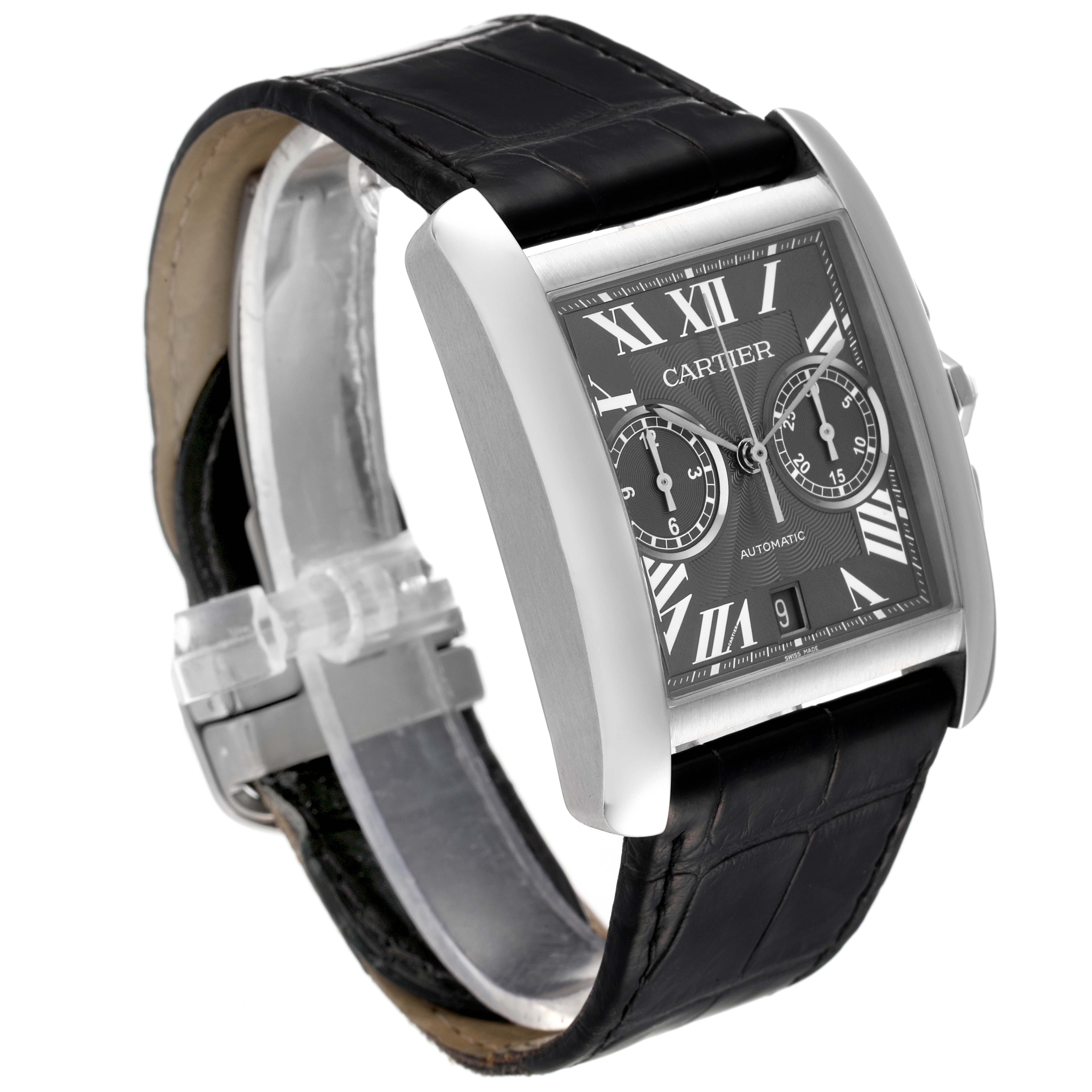 The Cartier Tank MC W5330008 Men's Stainless Steel Grey Dial W5330008 Men's Stainless Steel Grey Dial watch is shown at a front angle, highlighting the face, strap, and side profile with the crown visible.