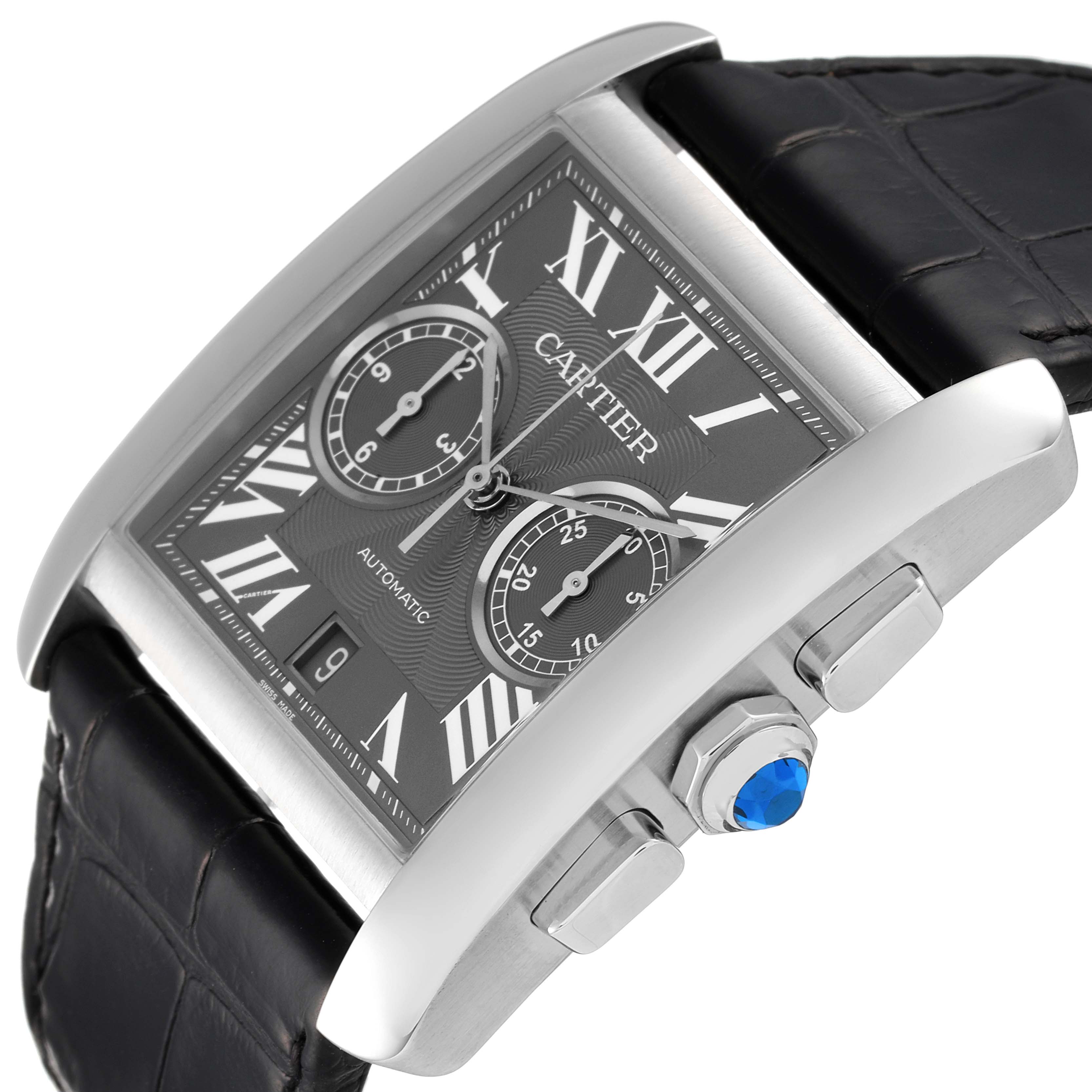 This image shows a close-up, angled view of the face and side of the Cartier Tank MC W5330008 Men's Stainless Steel Grey Dial W5330008 Men's Stainless Steel Grey Dial watch, detailing the crown and chronograph pushers.