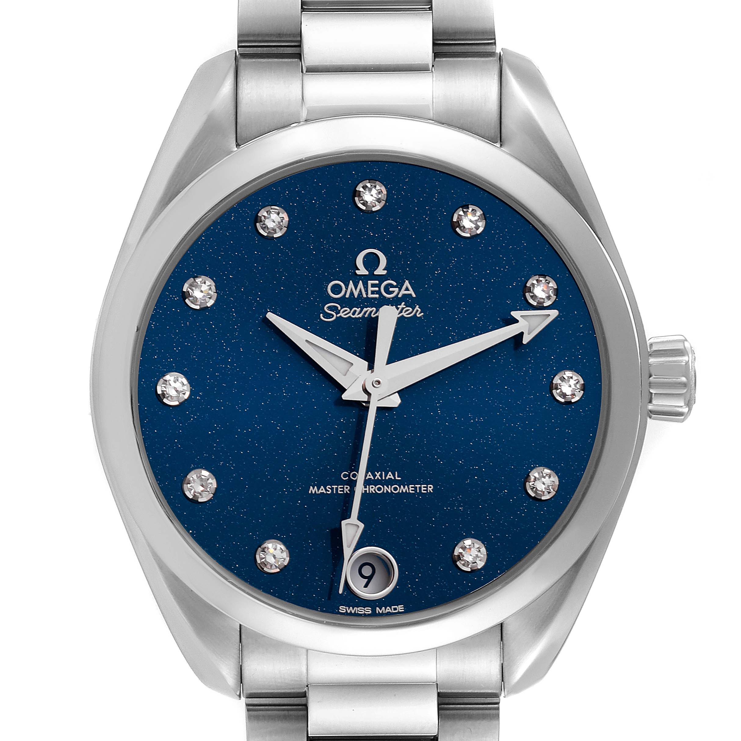 The image shows a front view of the Omega 220.10.34.20.53.001 Women's Stainless Steel Blue Dial 220.10.34.20.53.001 Women's Stainless Steel Blue Dial Aqua Terra Blue Diamond Dial Ladies Watch 220.10.34.20.53.001.