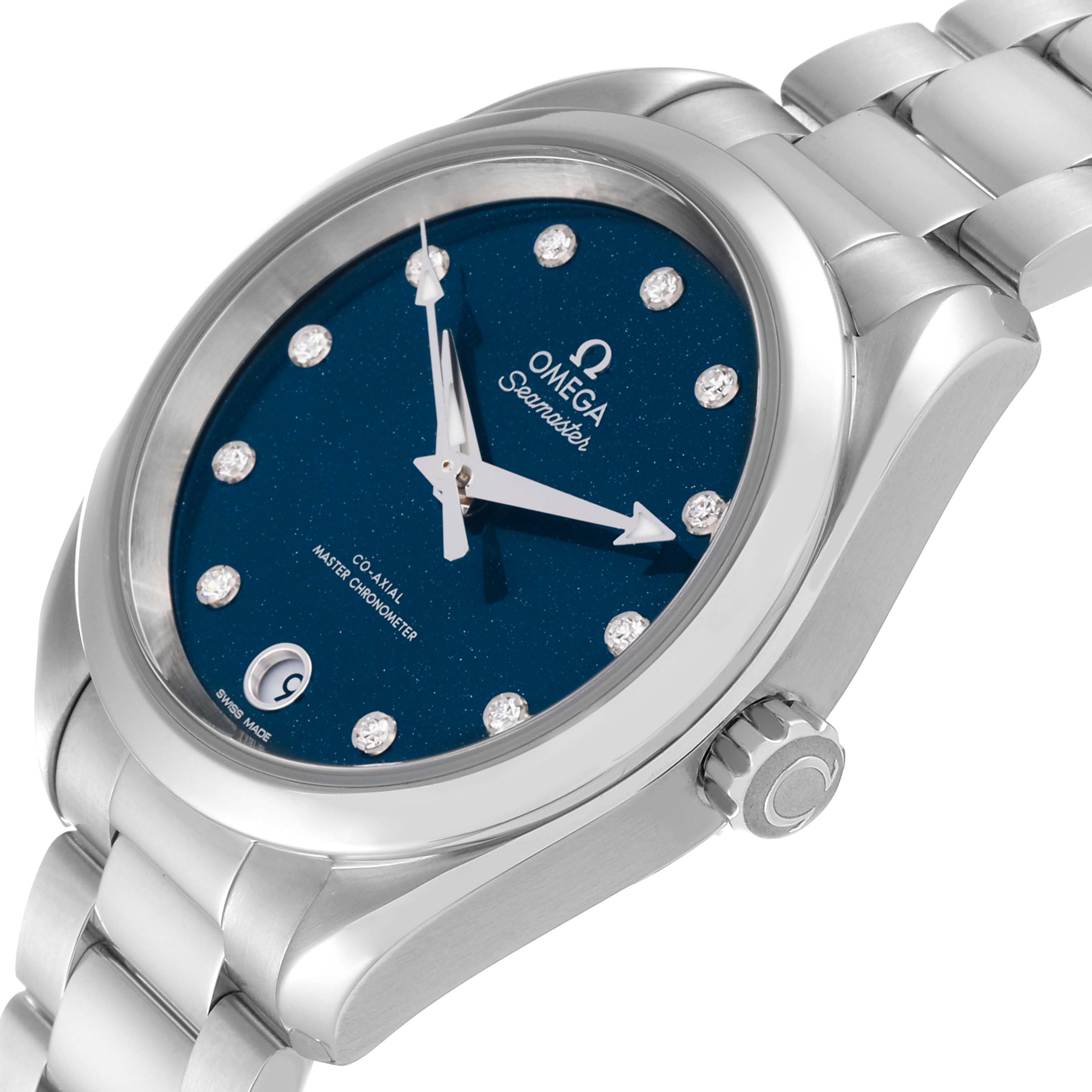 This Omega 220.10.34.20.53.001 Women's Stainless Steel Blue Dial 220.10.34.20.53.001 Women's Stainless Steel Blue Dial Aqua Terra Blue Diamond Dial Ladies Watch 220.10.34.20.53.001 is shown at a tilted side angle, highlighting the face, dial, and crown.