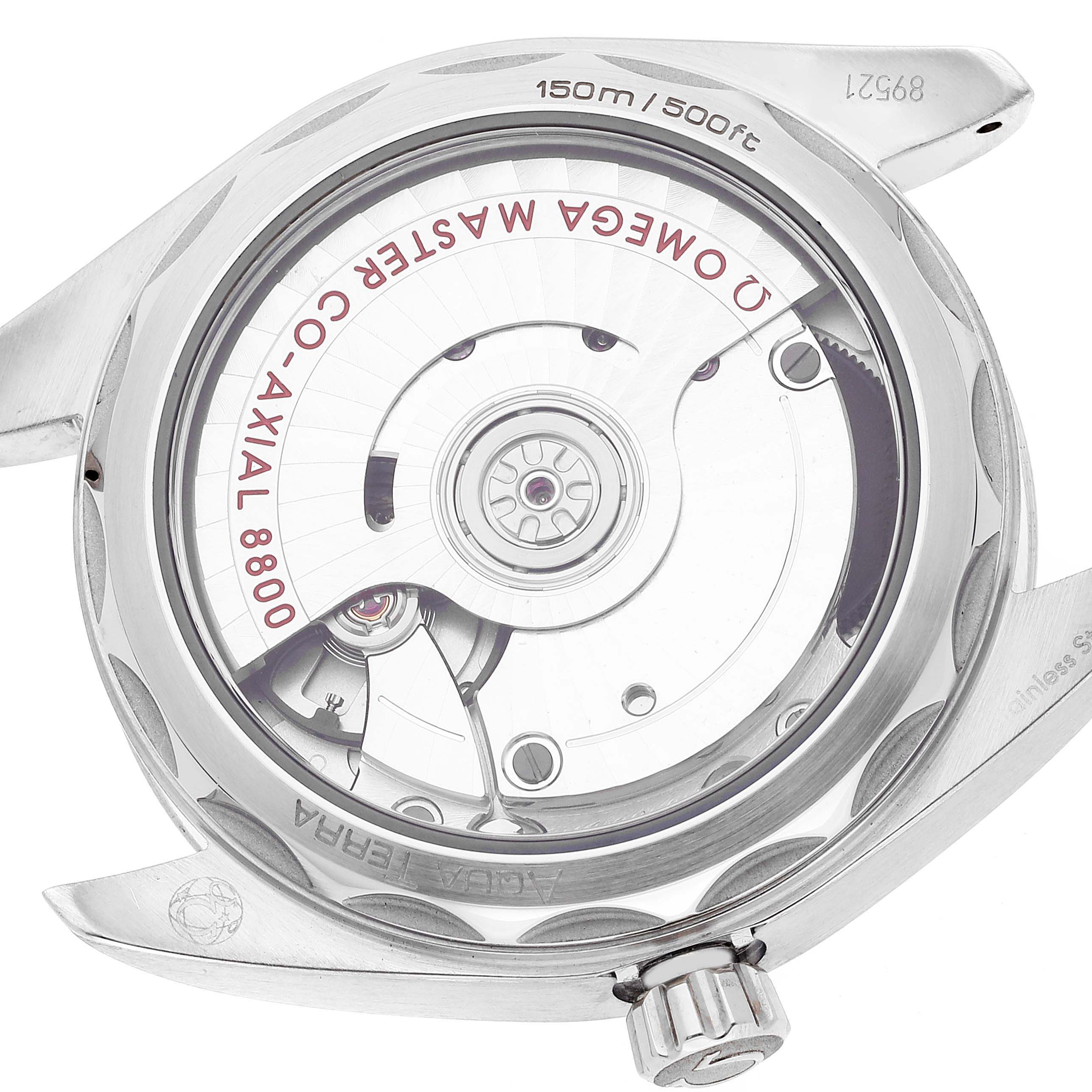 The image shows the back view of the Omega 220.10.34.20.53.001 Women's Stainless Steel Blue Dial 220.10.34.20.53.001 Women's Stainless Steel Blue Dial Aqua Terra Blue Diamond Dial Ladies Watch 220.10.34.20.53.001, revealing the Co-Axial 8800 movement.