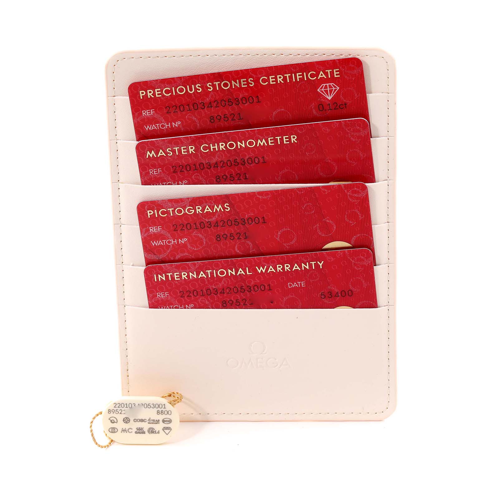 This image shows the certification cards and warranty for the Omega 220.10.34.20.53.001 Women's Stainless Steel Blue Dial 220.10.34.20.53.001 Women's Stainless Steel Blue Dial Aqua Terra Blue Diamond Dial Ladies Watch, model 220.10.34.20.53.001.