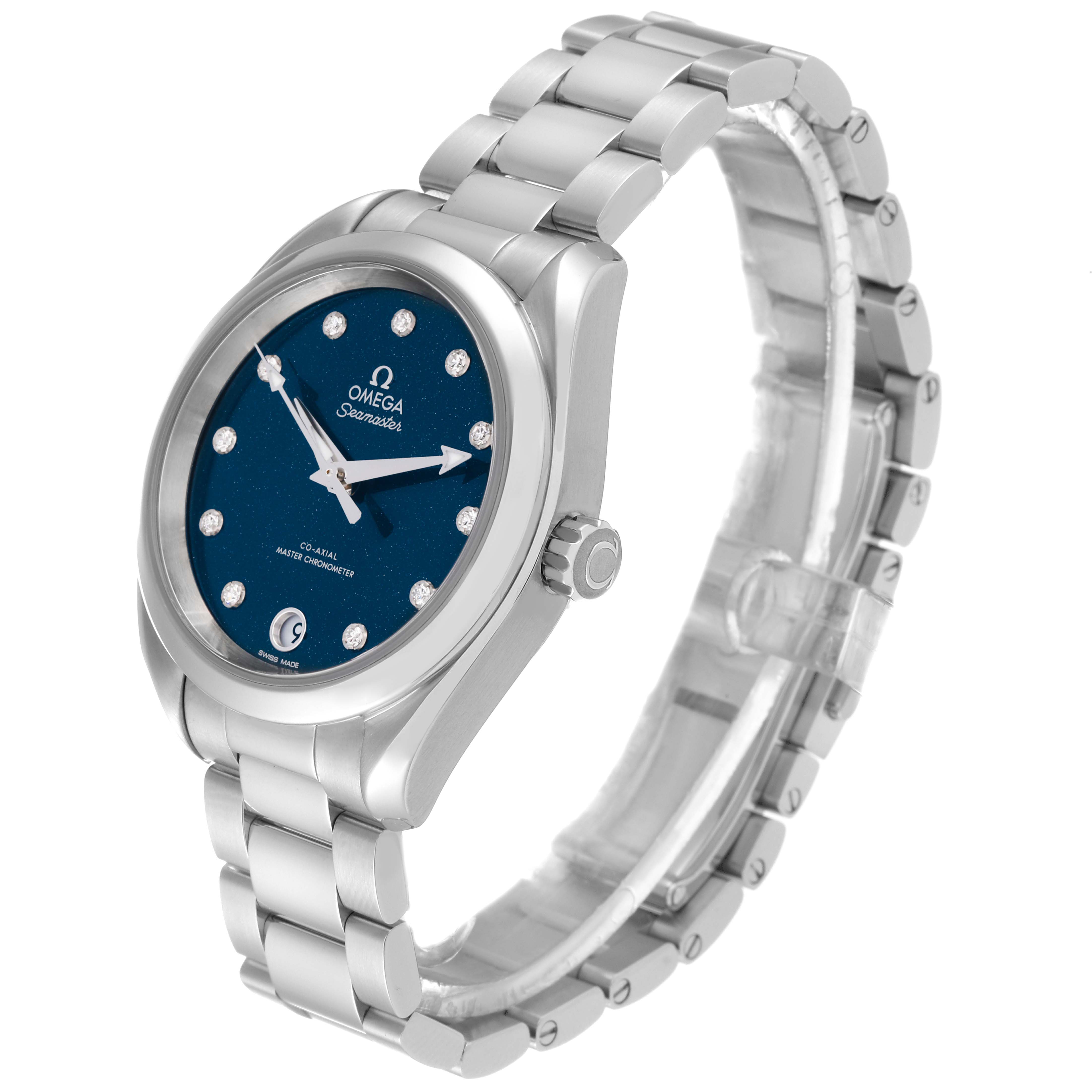 The image shows an angled view of the Omega 220.10.34.20.53.001 Women's Stainless Steel Blue Dial 220.10.34.20.53.001 Women's Stainless Steel Blue Dial Aqua Terra Blue Diamond Dial Ladies Watch 220.10.34.20.53.001, highlighting its face, crown, and bracelet.