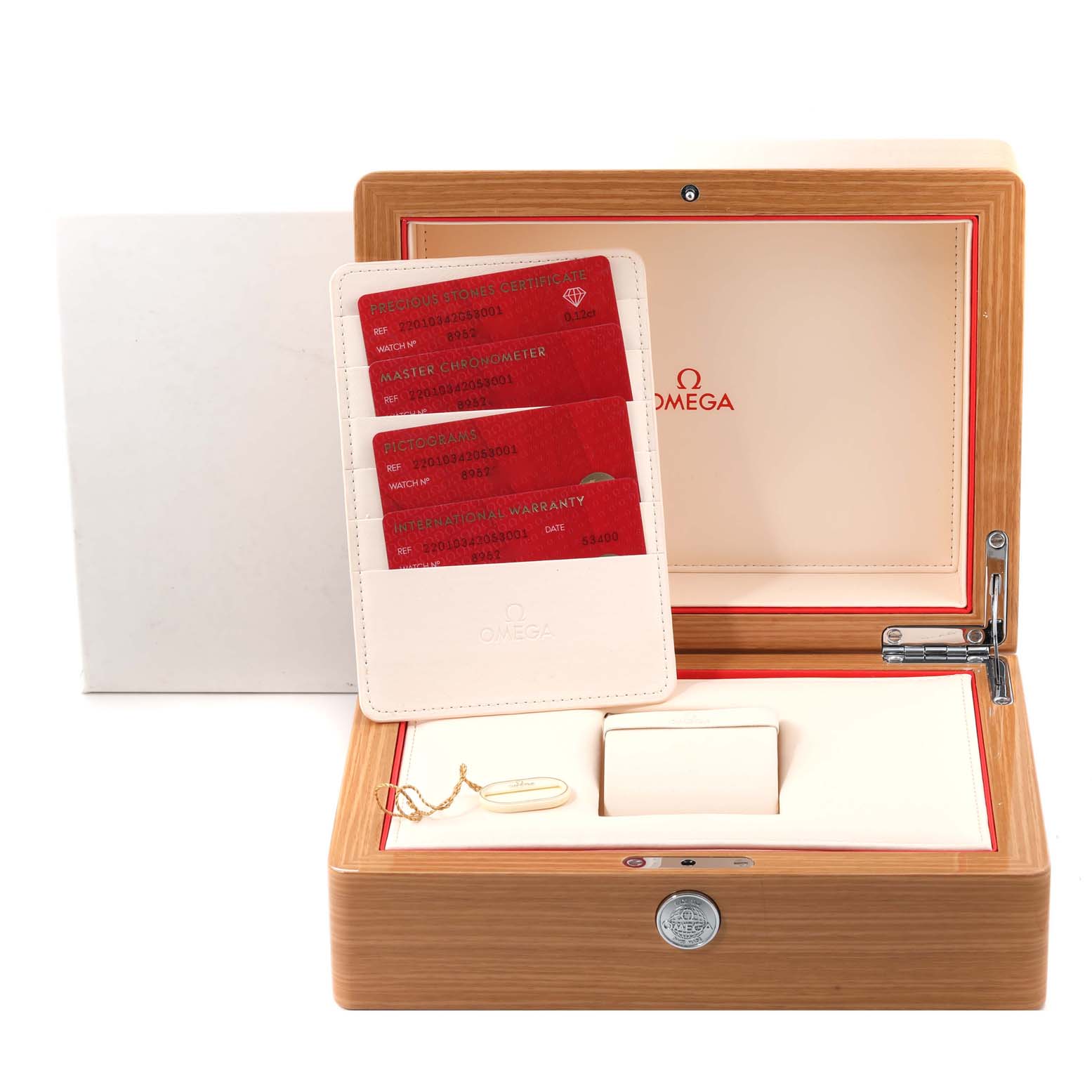 The image shows the open box and cards of the Omega 220.10.34.20.53.001 Women's Stainless Steel Blue Dial 220.10.34.20.53.001 Women's Stainless Steel Blue Dial Aqua Terra Blue Diamond Dial Ladies Watch 220.10.34.20.53.001.