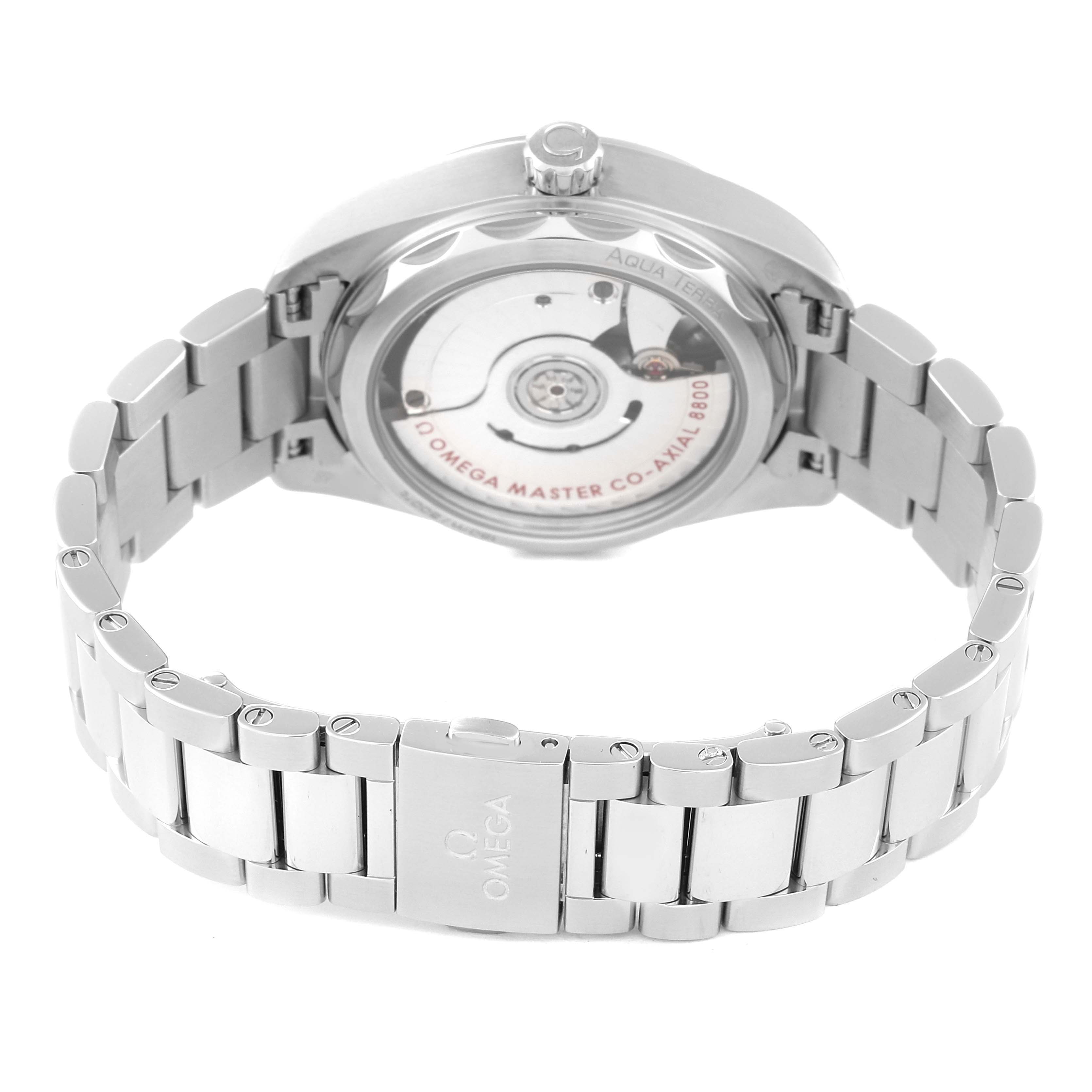 This image shows the back and bracelet of the Omega 220.10.34.20.53.001 Women's Stainless Steel Blue Dial 220.10.34.20.53.001 Women's Stainless Steel Blue Dial Aqua Terra Blue Diamond Dial Ladies Watch 220.10.34.20.53.001.