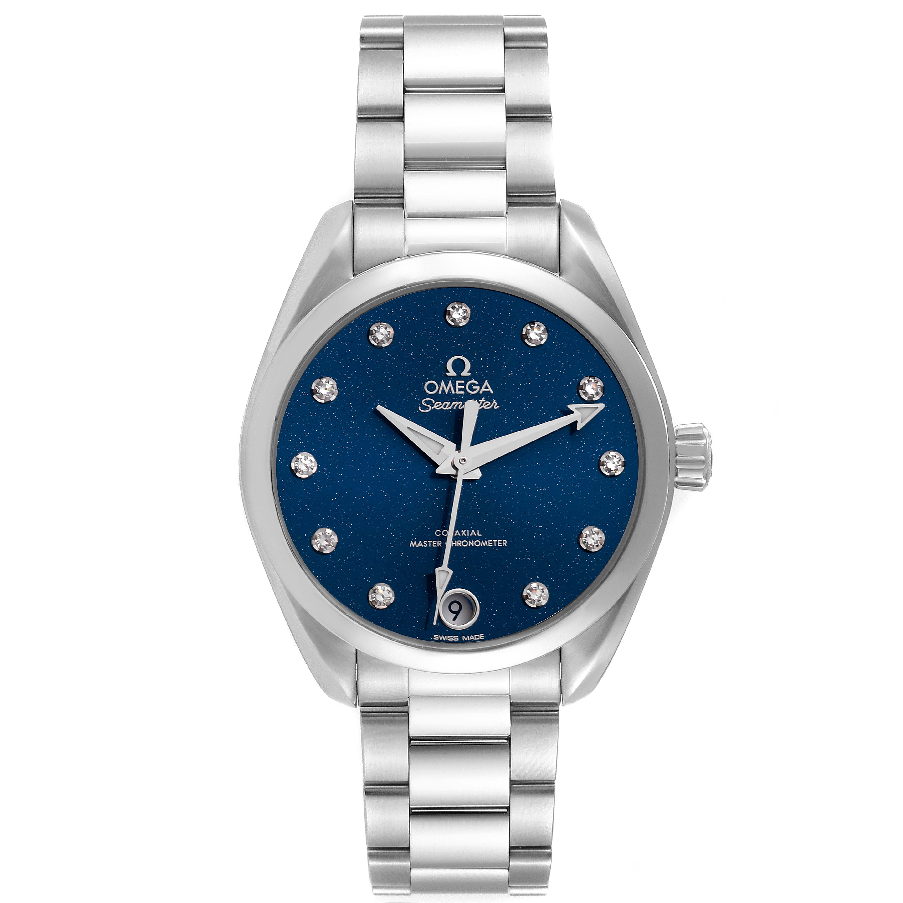 The Omega 220.10.34.20.53.001 Women's Stainless Steel Blue Dial 220.10.34.20.53.001 Women's Stainless Steel Blue Dial Aqua Terra Blue Diamond Dial Ladies Watch 220.10.34.20.53.001 is shown from the front, highlighting its face and bracelet.