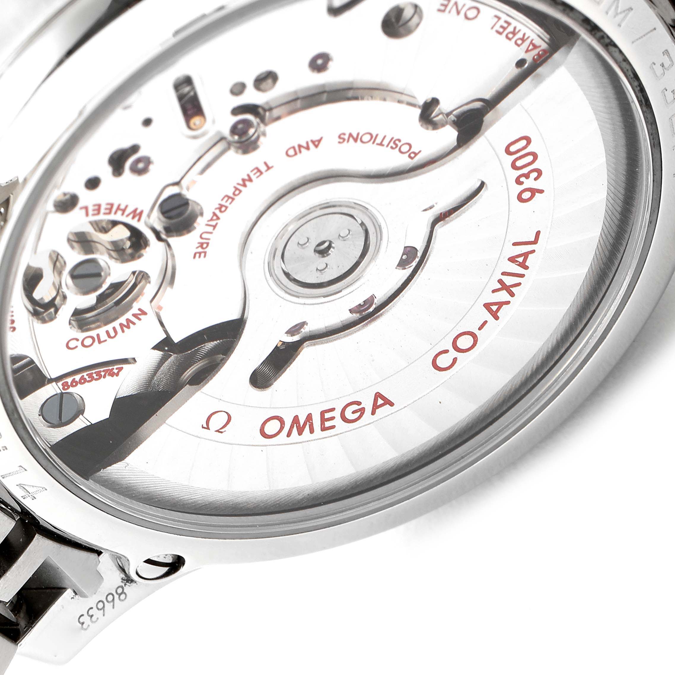 The image shows the back of the Omega De Ville 431.10.42.51.03.001 Men's Stainless Steel Blue Dial 431.10.42.51.03.001 Men's Stainless Steel Blue Dial watch, highlighting its Co-Axial 9300 movement mechanism.