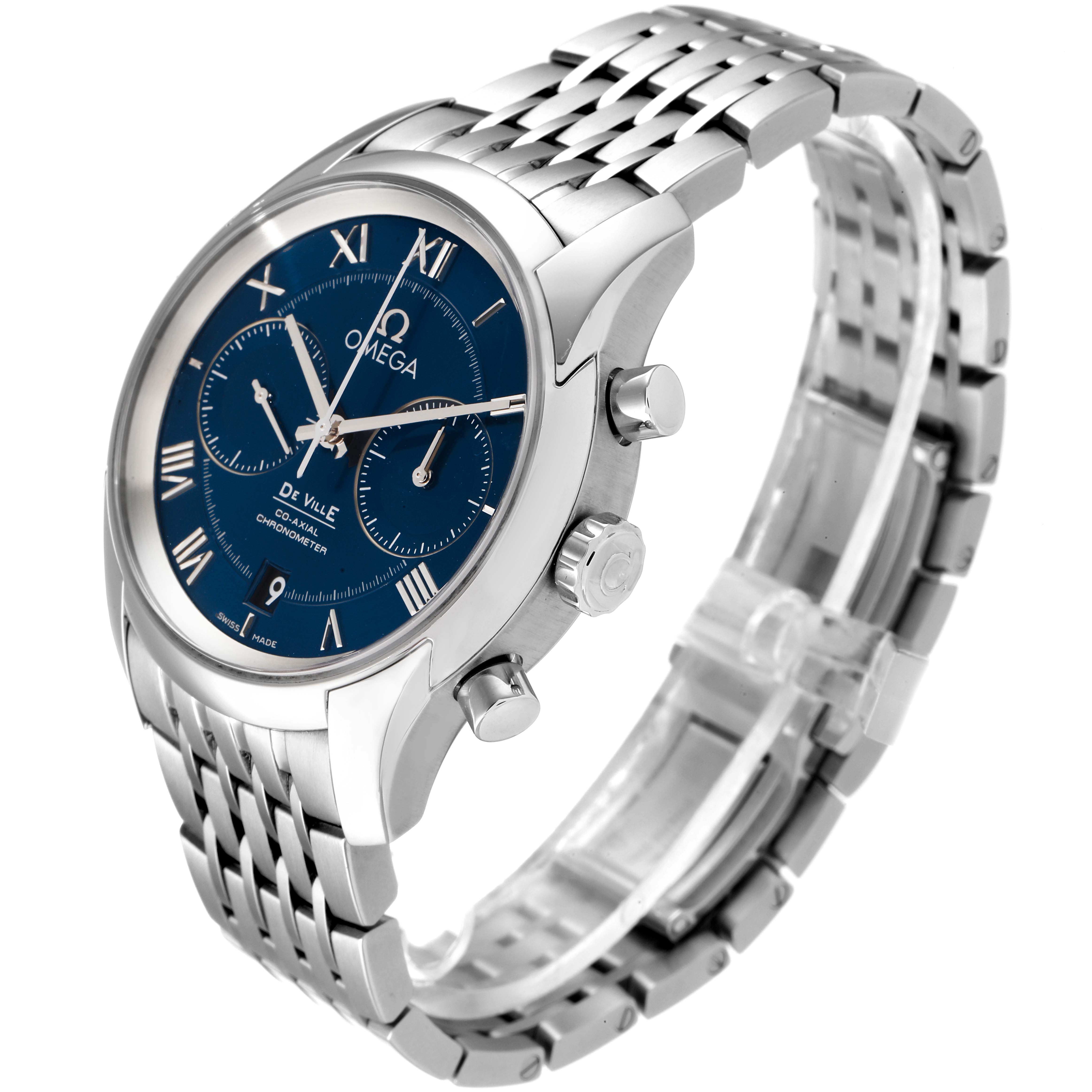 The Omega De Ville 431.10.42.51.03.001 Men's Stainless Steel Blue Dial 431.10.42.51.03.001 Men's Stainless Steel Blue Dial watch is shown at an angled side view, highlighting its blue dial, chronograph subdials, and metal bracelet.