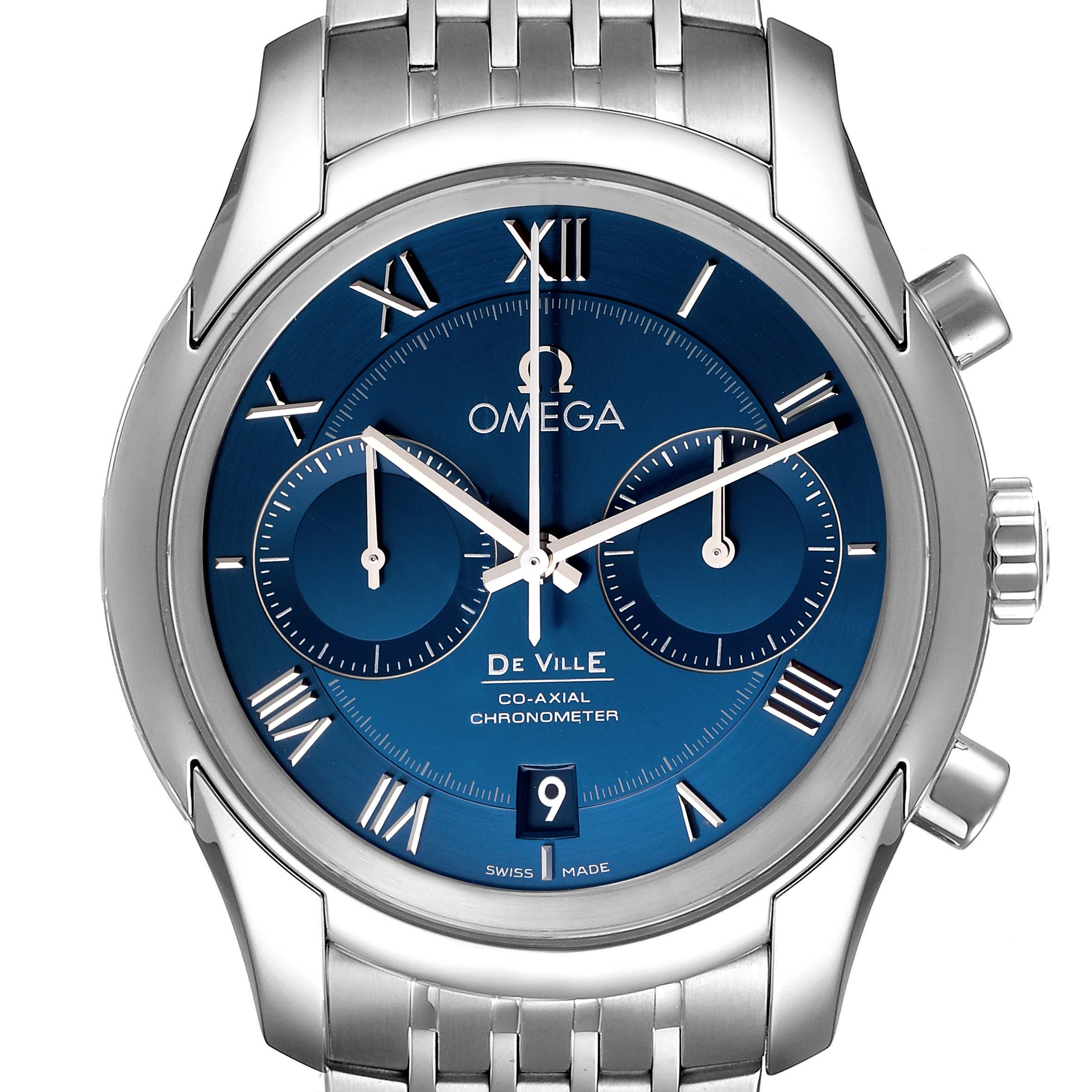 This image shows a frontal view of an Omega De Ville 431.10.42.51.03.001 Men's Stainless Steel Blue Dial 431.10.42.51.03.001 Men's Stainless Steel Blue Dial watch, highlighting its blue dial, roman numerals, subdials, and date display.