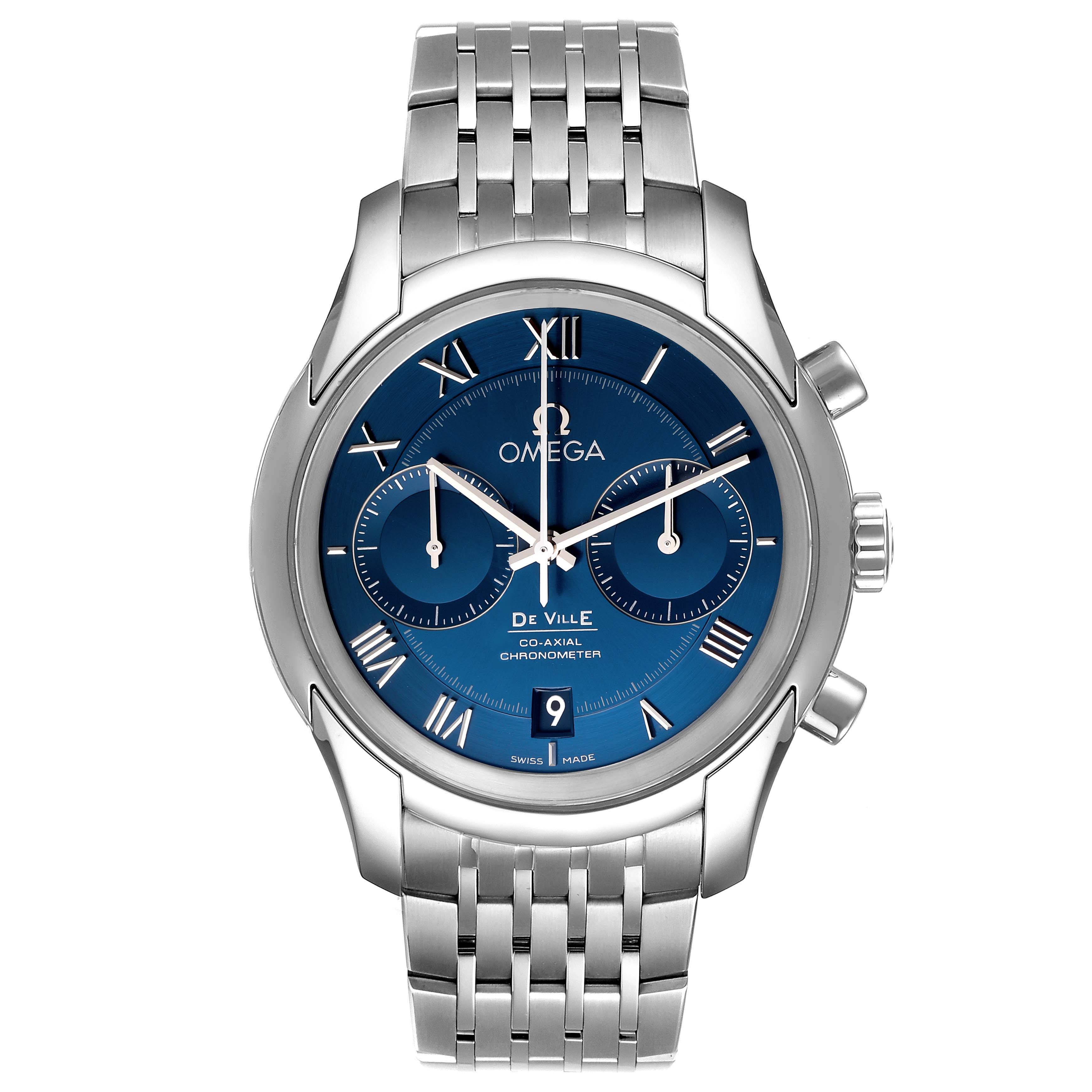 The image shows a front view of a silver Omega De Ville 431.10.42.51.03.001 Men's Stainless Steel Blue Dial 431.10.42.51.03.001 Men's Stainless Steel Blue Dial watch with a blue dial and metal bracelet.
