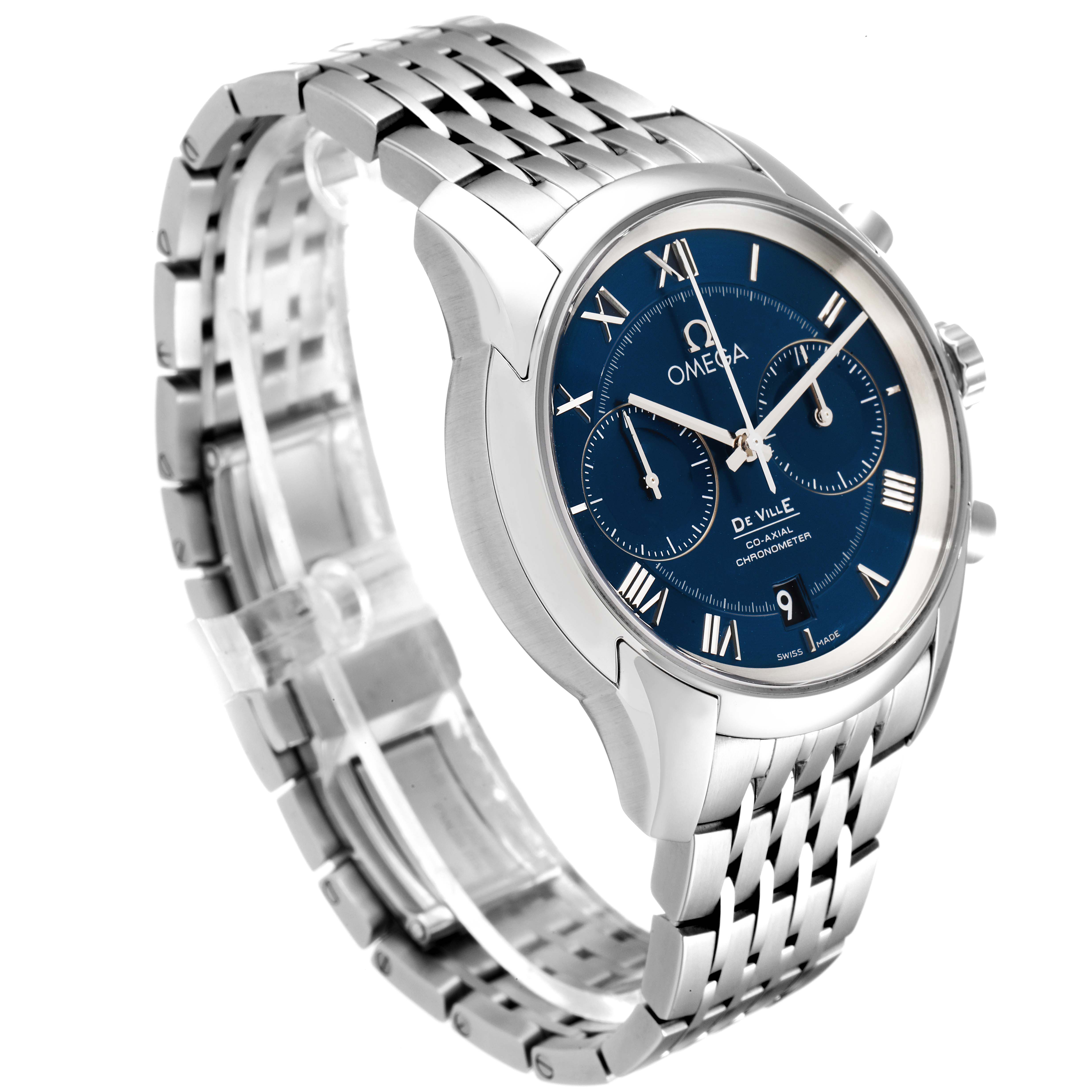 This image shows the Omega De Ville 431.10.42.51.03.001 Men's Stainless Steel Blue Dial 431.10.42.51.03.001 Men's Stainless Steel Blue Dial watch from a three-quarter view, highlighting its blue dial, Roman numerals, and metal bracelet.