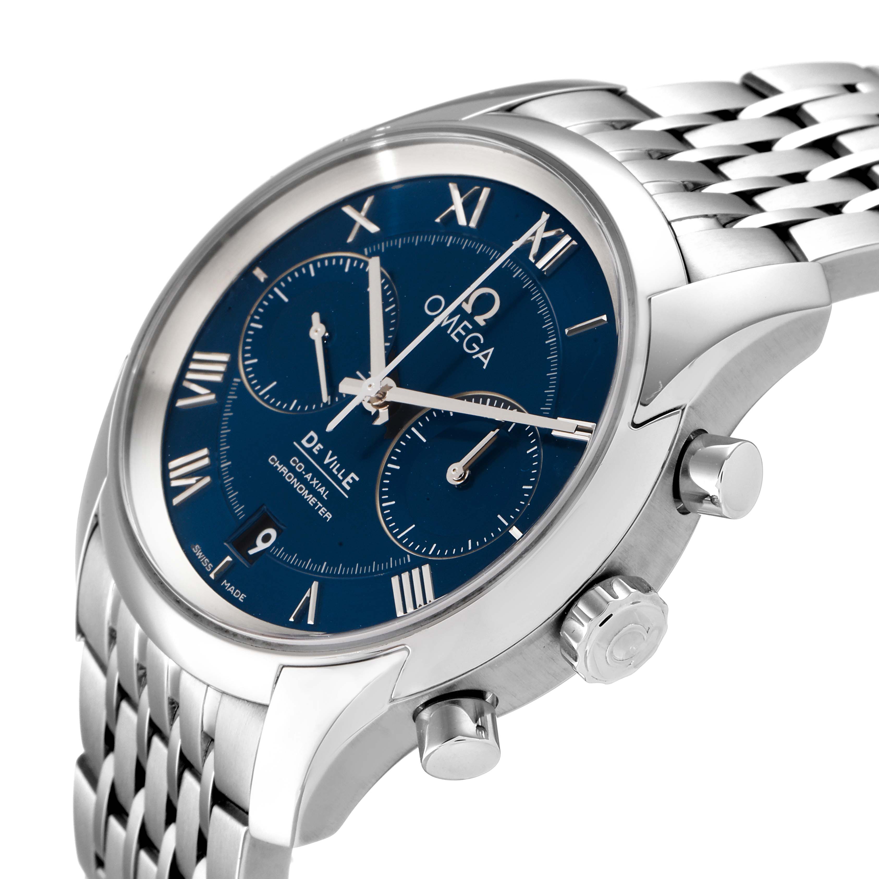 The image shows a side angle of an Omega De Ville 431.10.42.51.03.001 Men's Stainless Steel Blue Dial 431.10.42.51.03.001 Men's Stainless Steel Blue Dial watch, highlighting its blue dial, crown, push buttons, and metal band.