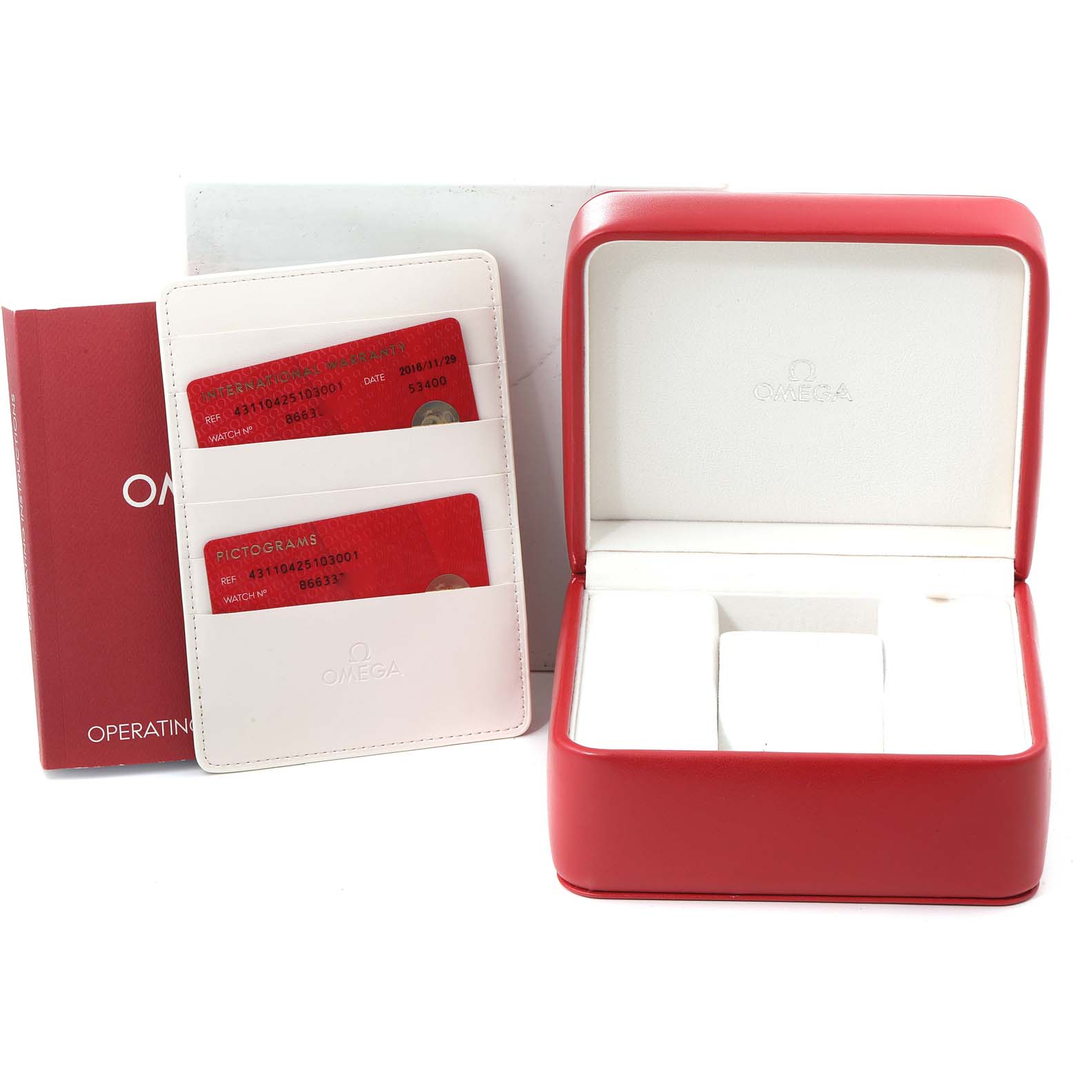 The image shows the packaging, warranty cards, and manual for an Omega De Ville 431.10.42.51.03.001 Men's Stainless Steel Blue Dial 431.10.42.51.03.001 Men's Stainless Steel Blue Dial watch, with an open watch box.