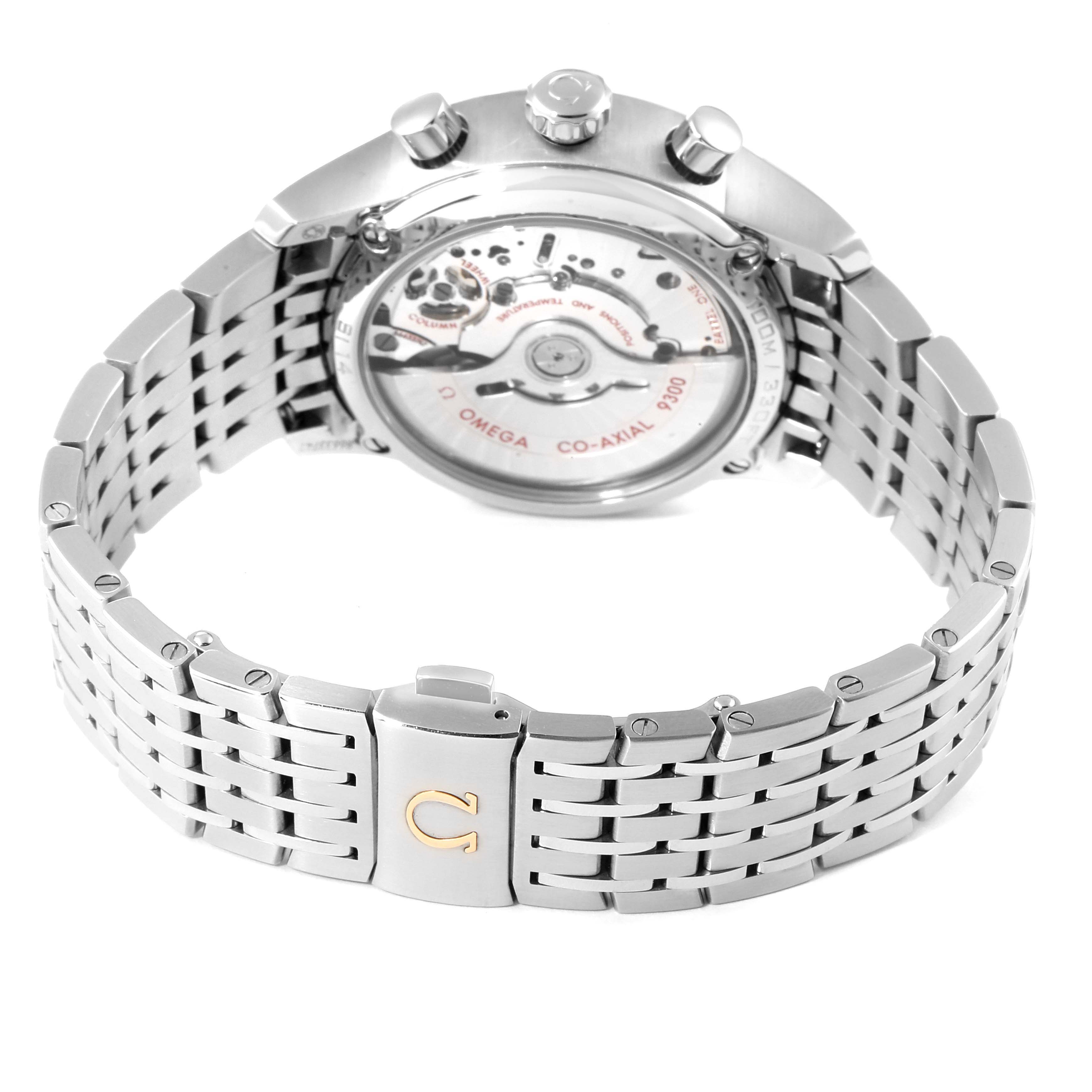 The image shows the back view of the Omega De Ville 431.10.42.51.03.001 Men's Stainless Steel Blue Dial 431.10.42.51.03.001 Men's Stainless Steel Blue Dial watch, highlighting its transparent case back and stainless steel bracelet.