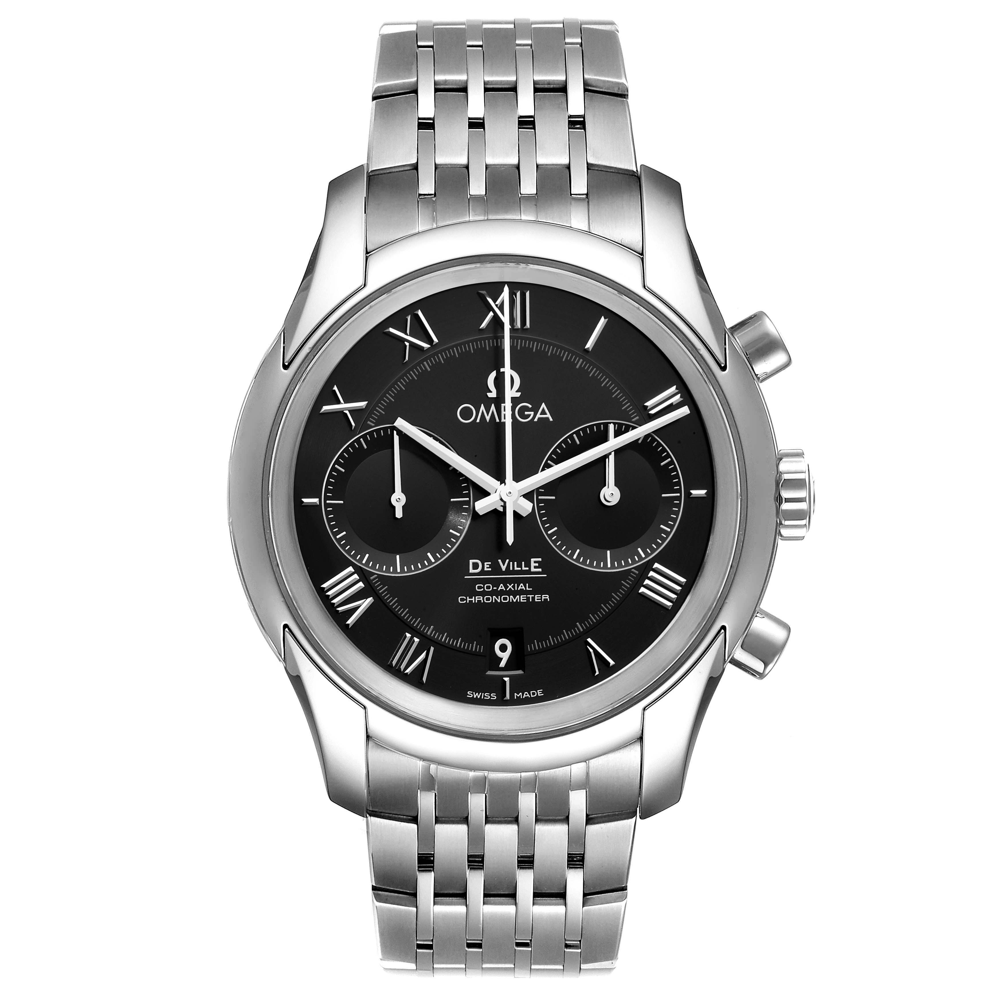 The image shows a front view of an Omega De Ville 431.10.42.51.01.001 Men's Stainless Steel Black Dial 431.10.42.51.01.001 Men's Stainless Steel Black Dial watch, displaying the dial, case, and bracelet.