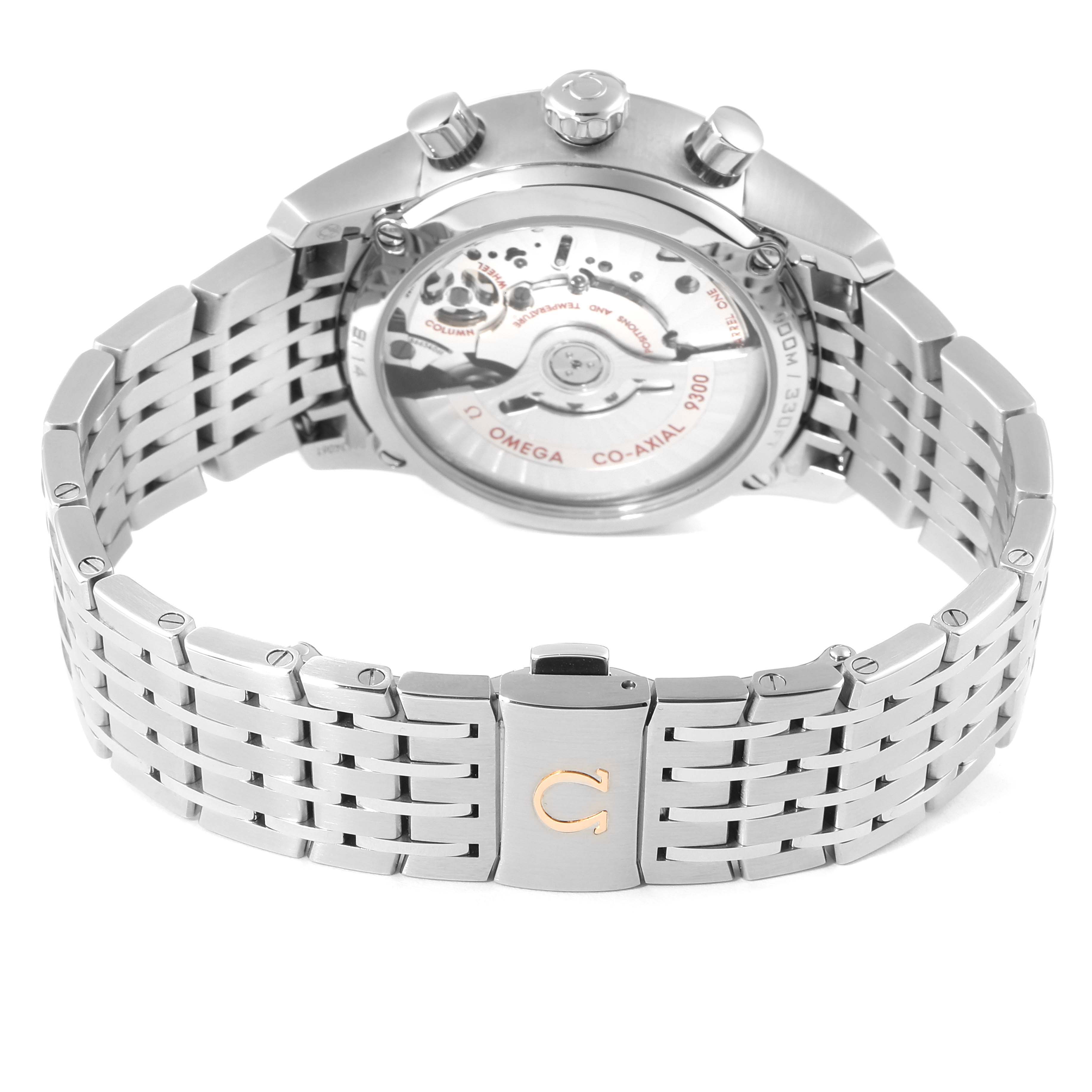 The image shows the back view of the Omega De Ville 431.10.42.51.01.001 Men's Stainless Steel Black Dial 431.10.42.51.01.001 Men's Stainless Steel Black Dial watch, highlighting its movement and the stainless steel bracelet.