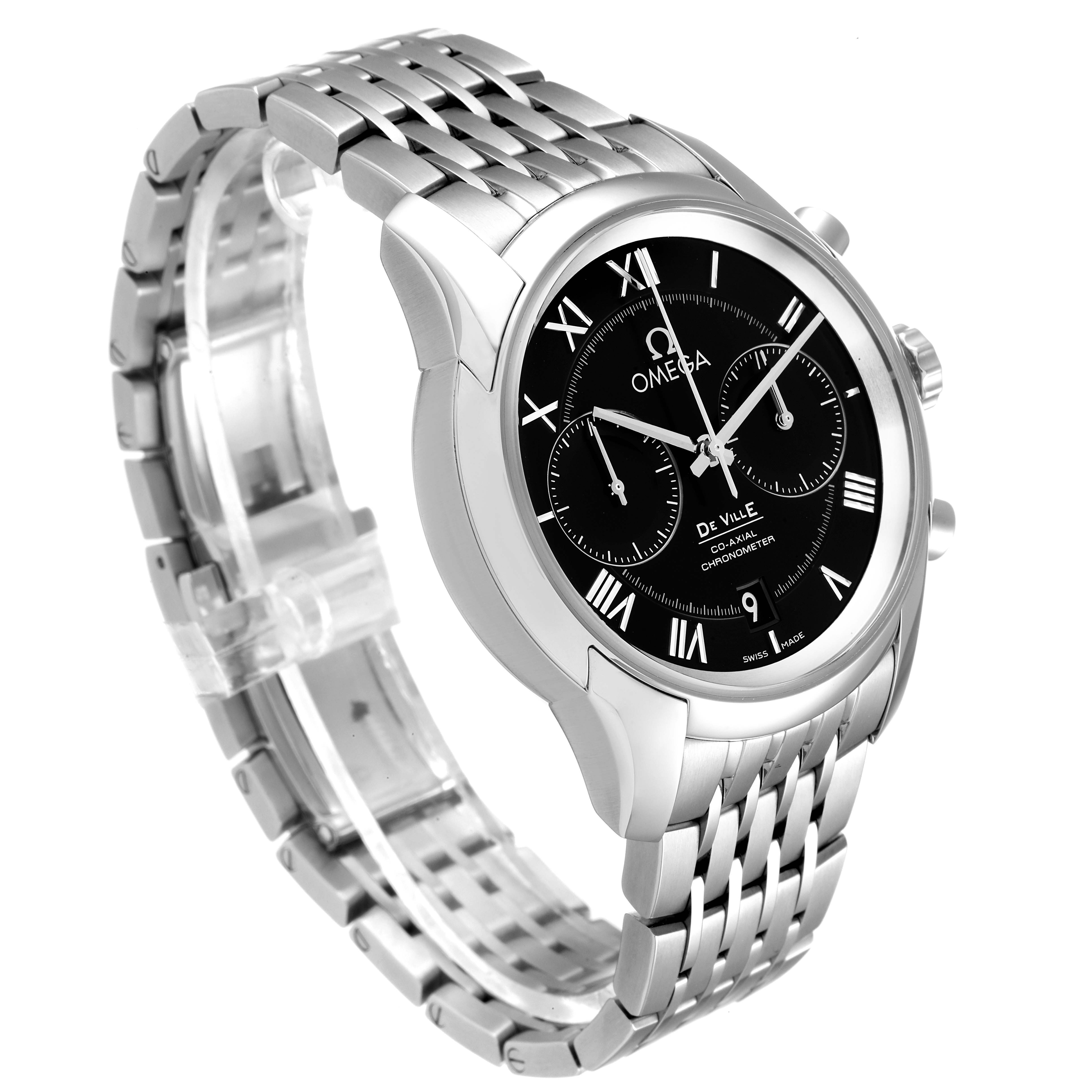 The image shows an Omega De Ville 431.10.42.51.01.001 Men's Stainless Steel Black Dial 431.10.42.51.01.001 Men's Stainless Steel Black Dial watch, angled to highlight the black dial, Roman numerals, and silver metal bracelet.