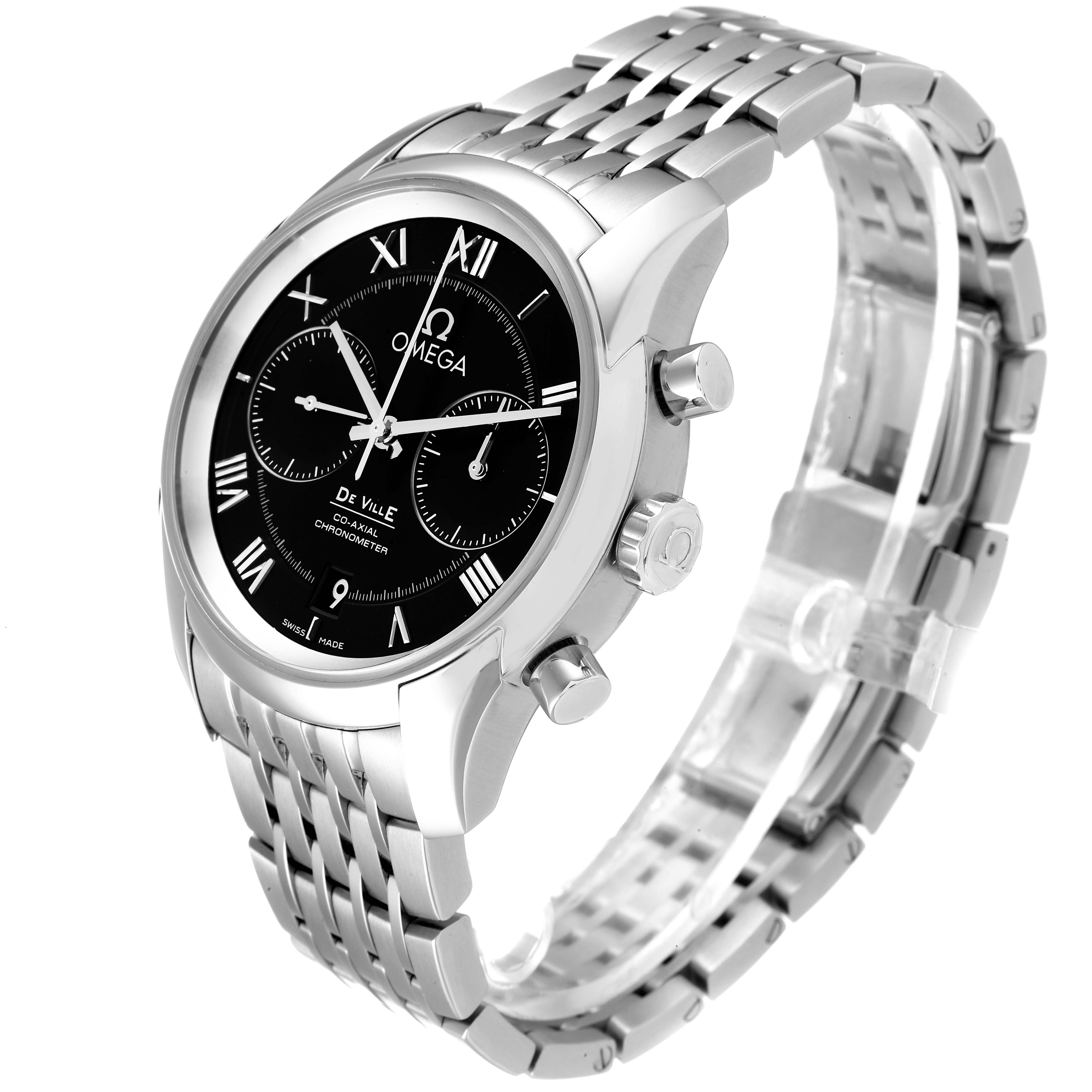The Omega De Ville 431.10.42.51.01.001 Men's Stainless Steel Black Dial 431.10.42.51.01.001 Men's Stainless Steel Black Dial watch is shown at a three-quarter angle, displaying the face, bracelet, and side buttons.