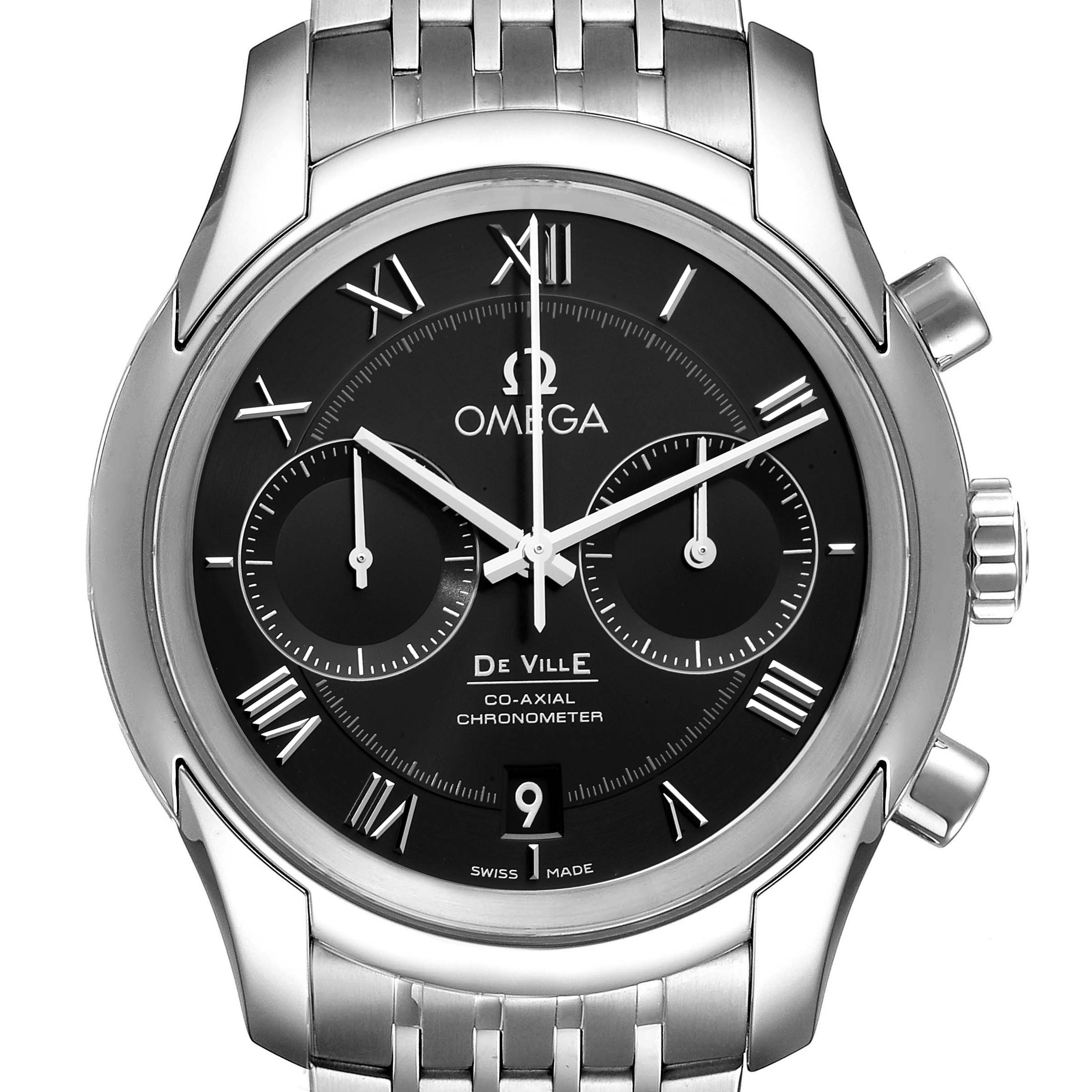 This image shows a frontal view of an Omega De Ville 431.10.42.51.01.001 Men's Stainless Steel Black Dial 431.10.42.51.01.001 Men's Stainless Steel Black Dial watch, highlighting the dial, subdials, case, and part of the bracelet.