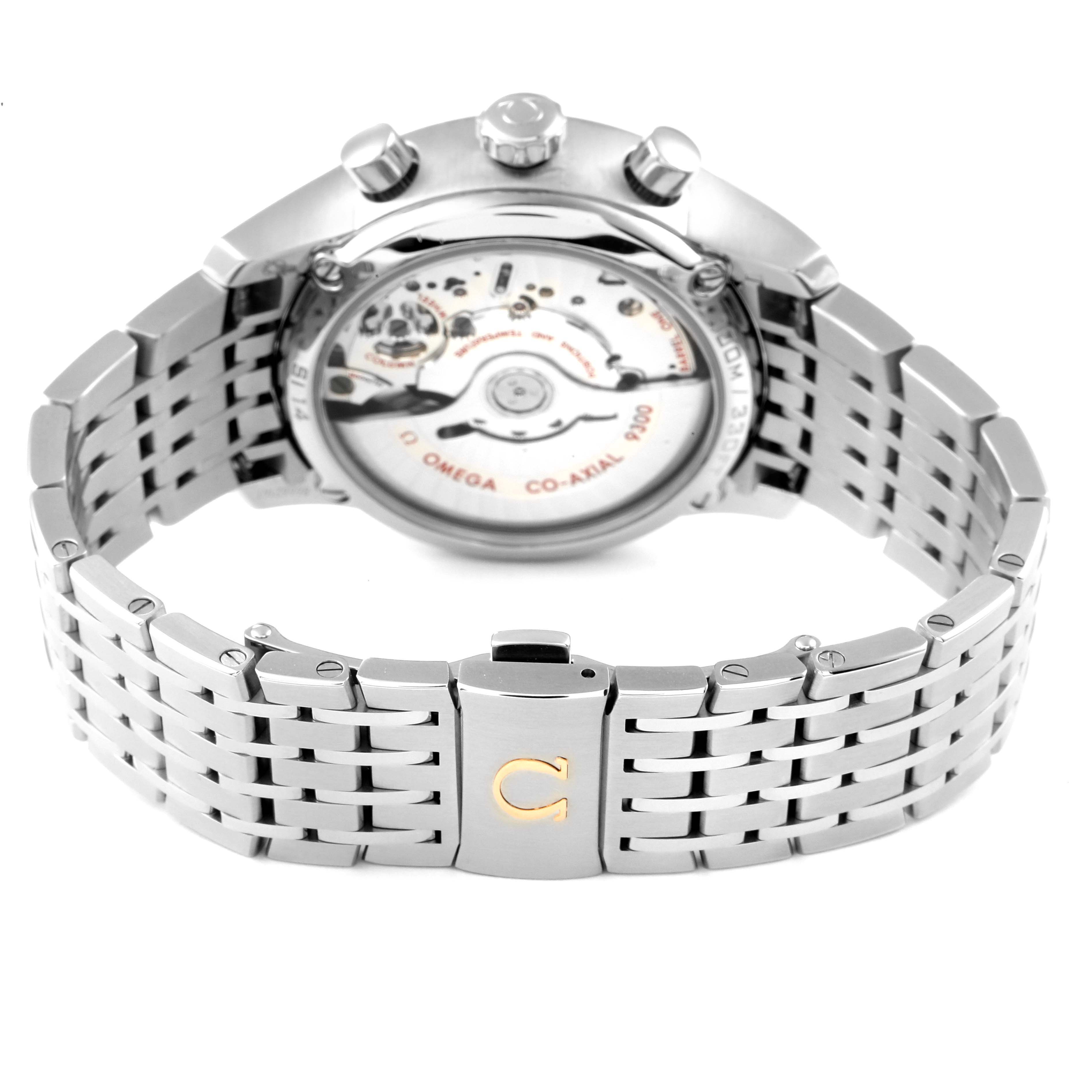 This image shows the back and bracelet of an Omega De Ville 431.10.42.51.02.001 Men's Stainless Steel Silver Dial 431.10.42.51.02.001 Men's Stainless Steel Silver Dial watch, highlighting its movement and clasp.