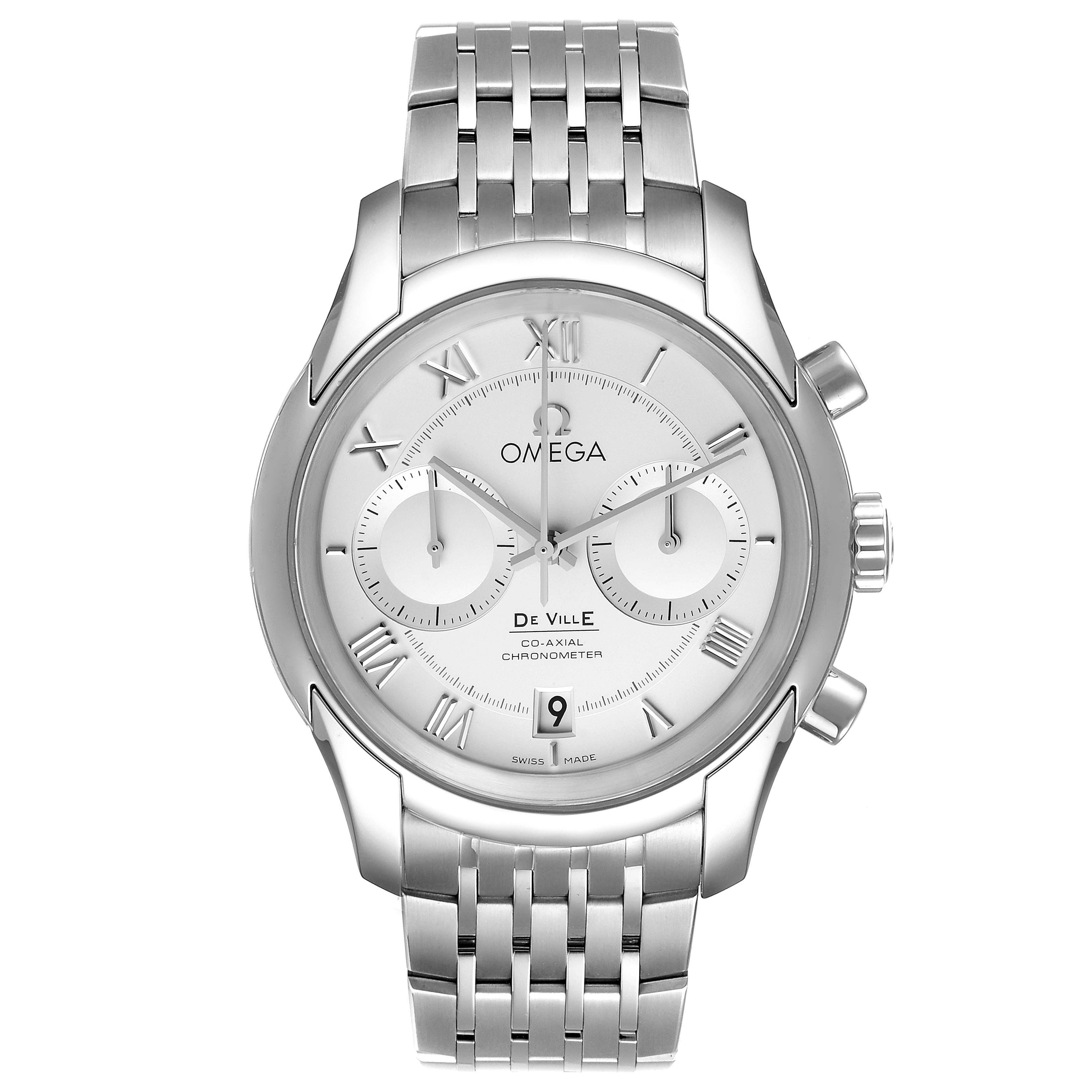 The image shows a frontal view of an Omega De Ville 431.10.42.51.02.001 Men's Stainless Steel Silver Dial 431.10.42.51.02.001 Men's Stainless Steel Silver Dial watch, highlighting the face, bezel, crown, and steel bracelet.