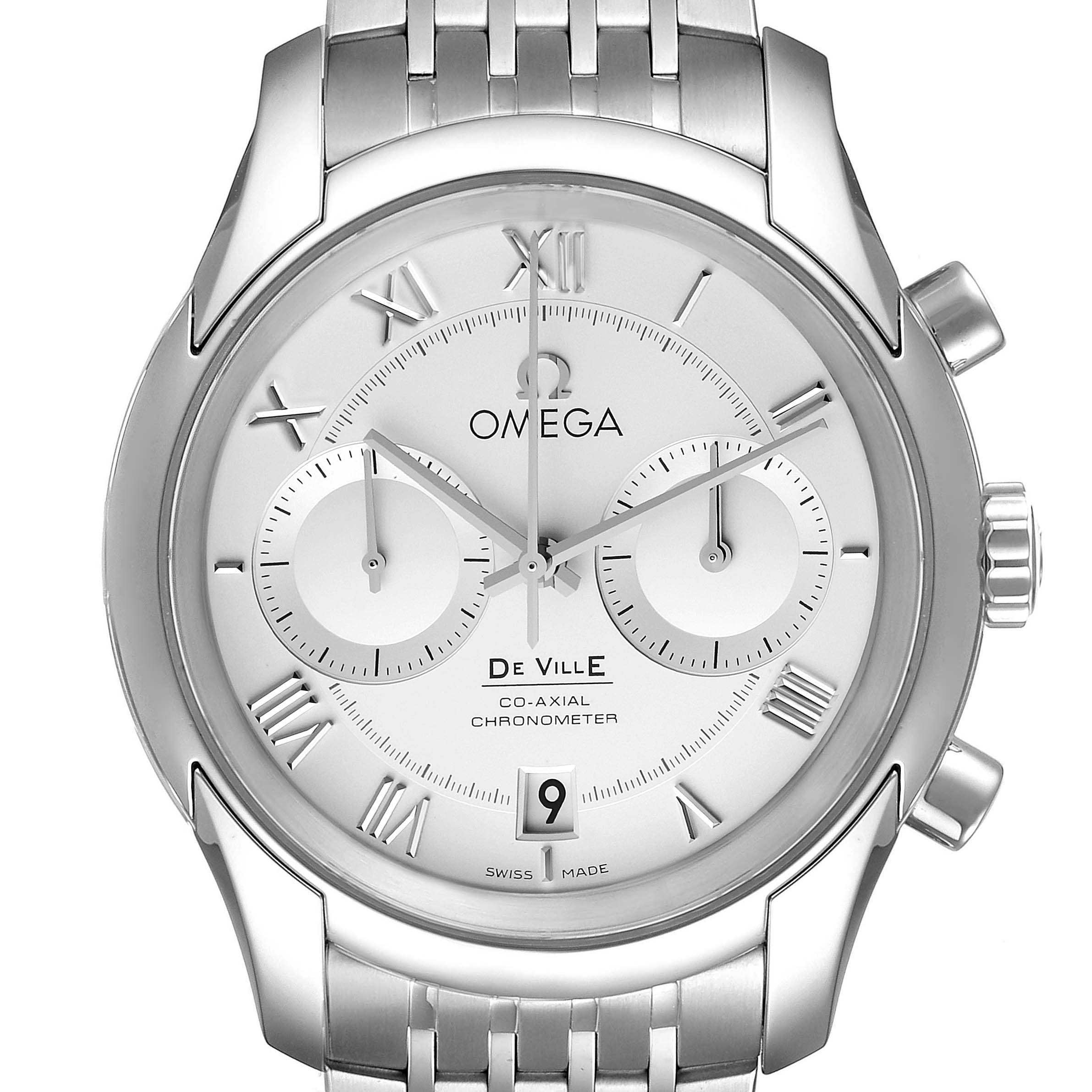 The image shows a front view of the Omega De Ville 431.10.42.51.02.001 Men's Stainless Steel Silver Dial 431.10.42.51.02.001 Men's Stainless Steel Silver Dial watch, featuring its dial, chronograph subdials, and partial bracelet.
