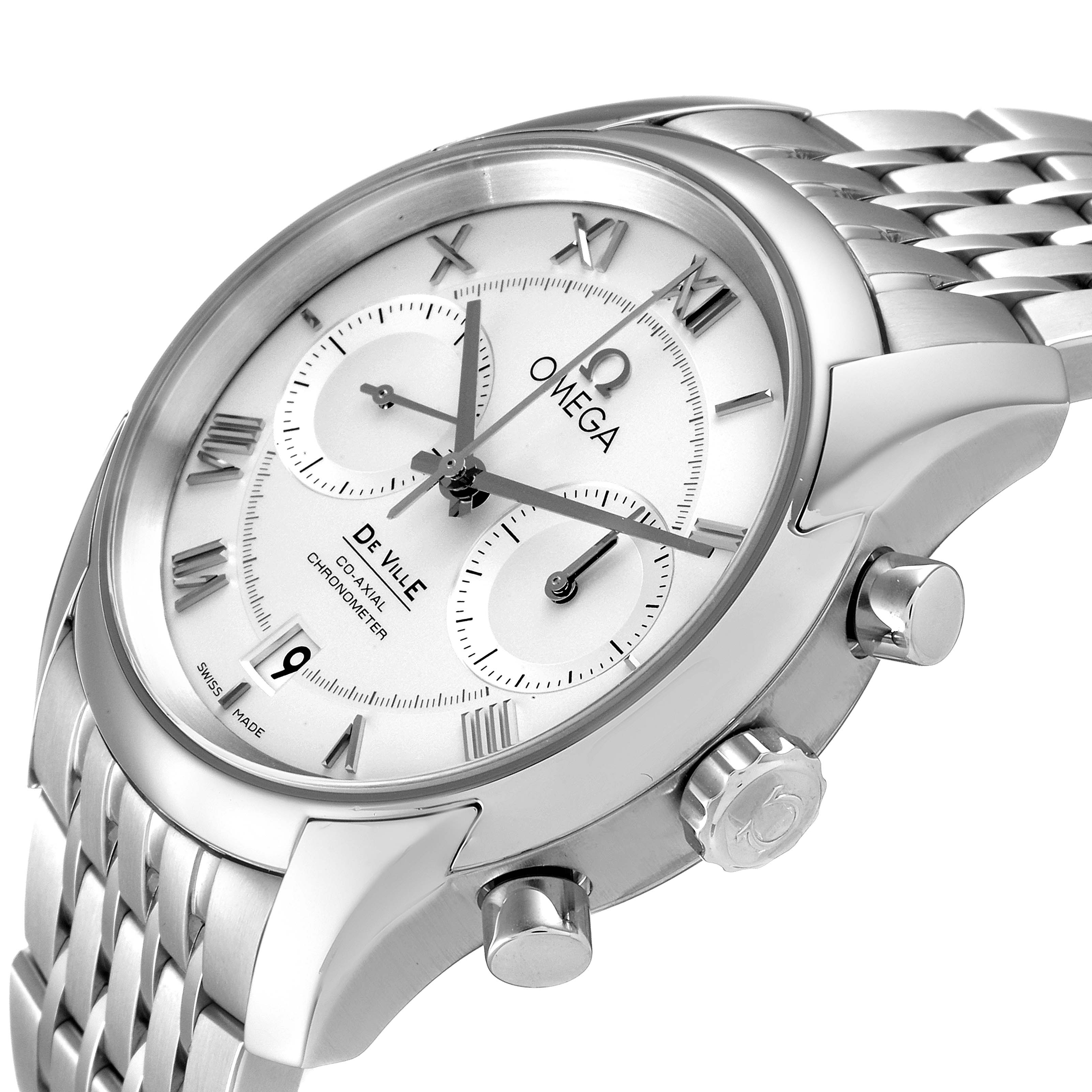 The image shows the Omega De Ville 431.10.42.51.02.001 Men's Stainless Steel Silver Dial 431.10.42.51.02.001 Men's Stainless Steel Silver Dial watch at an angle highlighting the face, crown, push buttons, and part of the bracelet.