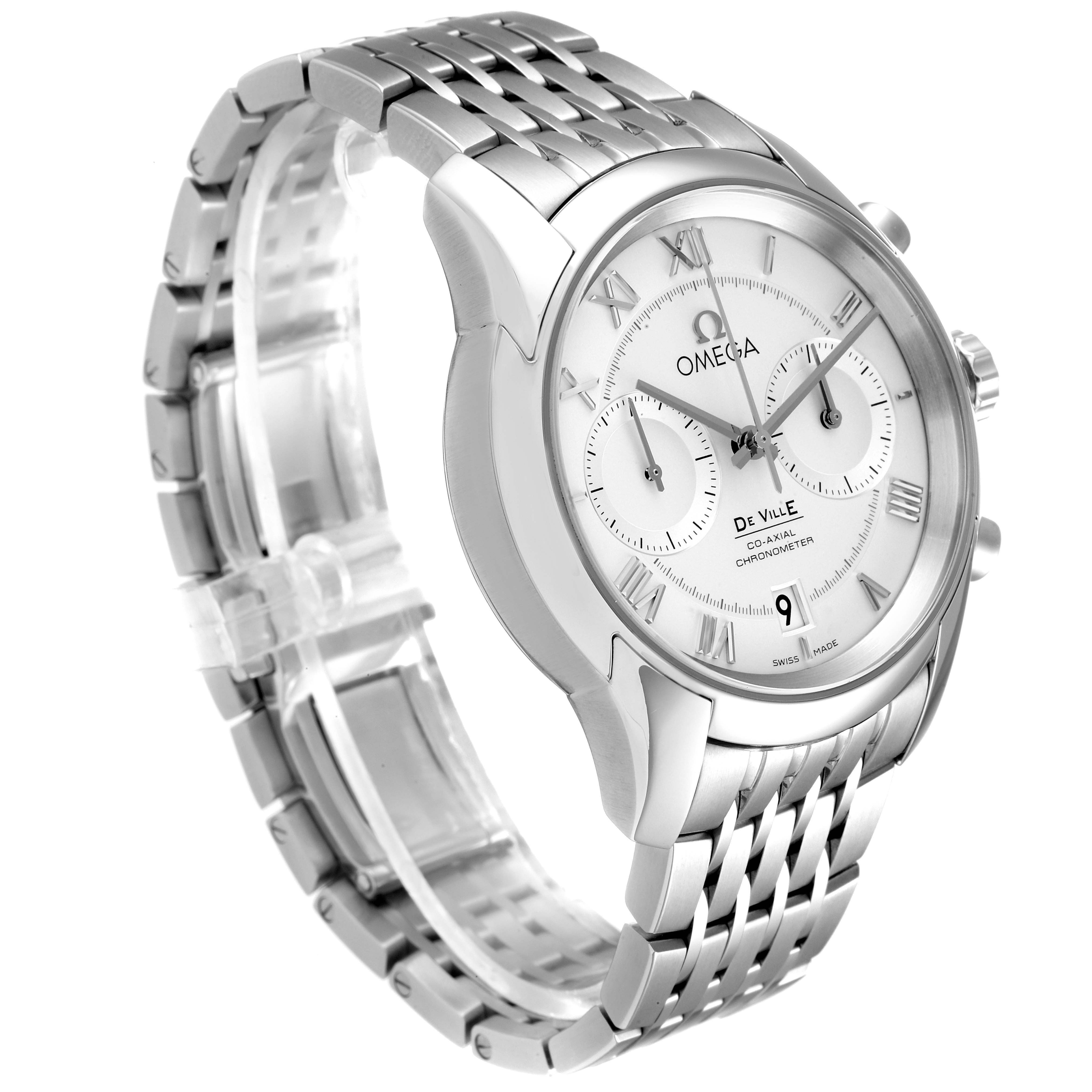 The image shows an angled side view of an Omega De Ville 431.10.42.51.02.001 Men's Stainless Steel Silver Dial 431.10.42.51.02.001 Men's Stainless Steel Silver Dial watch, highlighting the dial, bezel, and bracelet.