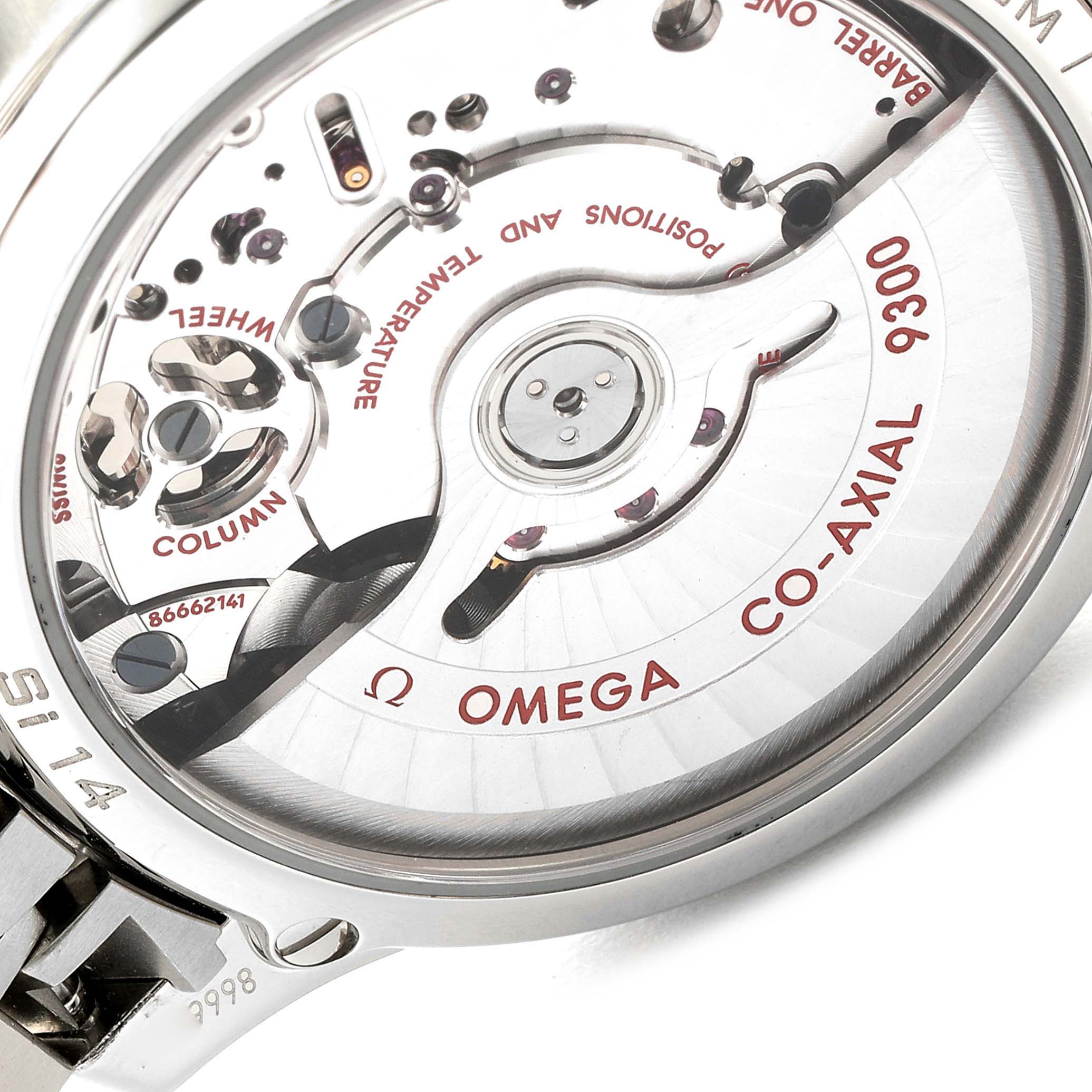 This image shows the back view of the Omega De Ville 431.10.42.51.02.001 Men's Stainless Steel Silver Dial 431.10.42.51.02.001 Men's Stainless Steel Silver Dial watch, highlighting its Co-Axial 9300 movement mechanism.