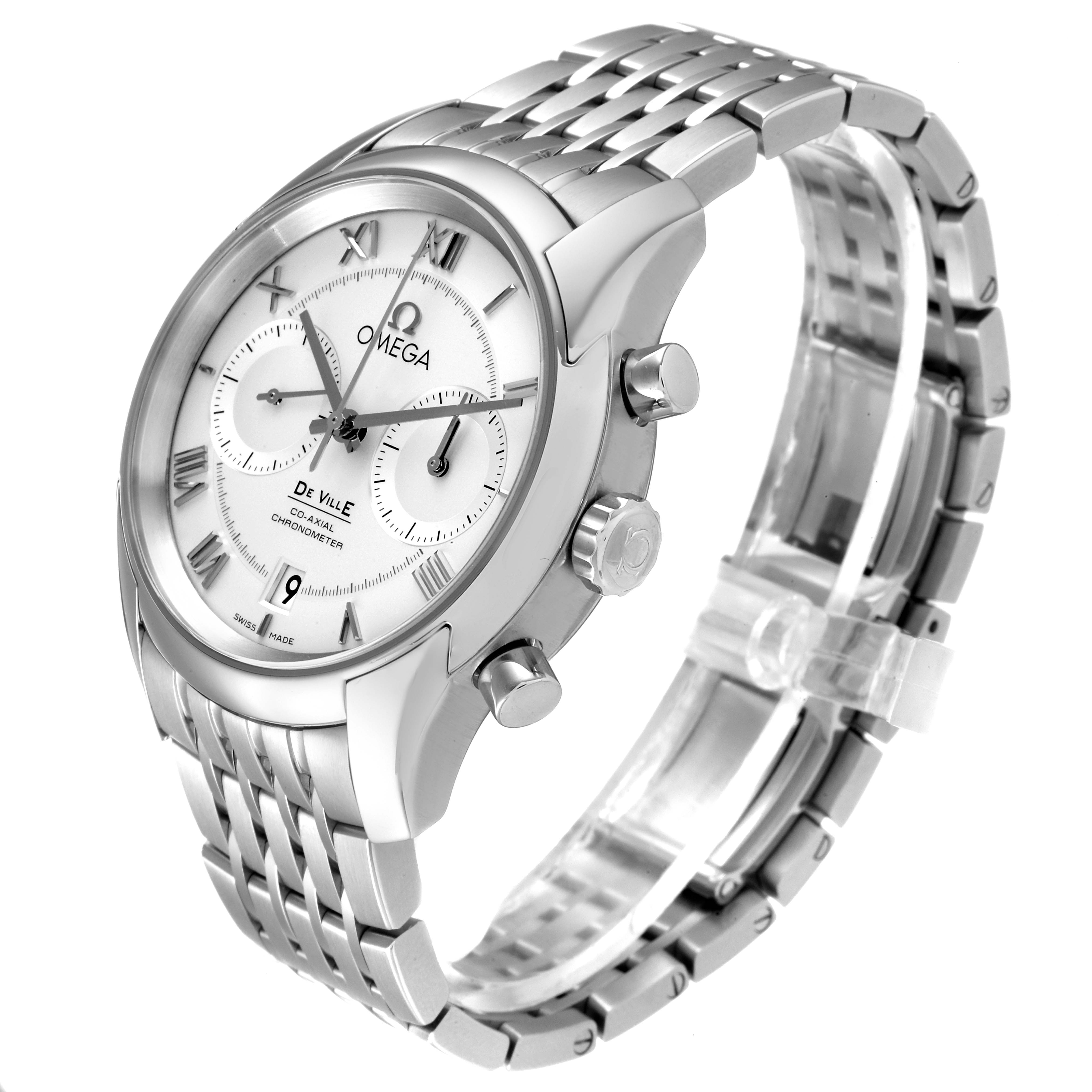 The image shows a side view of the Omega De Ville 431.10.42.51.02.001 Men's Stainless Steel Silver Dial 431.10.42.51.02.001 Men's Stainless Steel Silver Dial watch, displaying its face, bezel, crown, and metal bracelet.