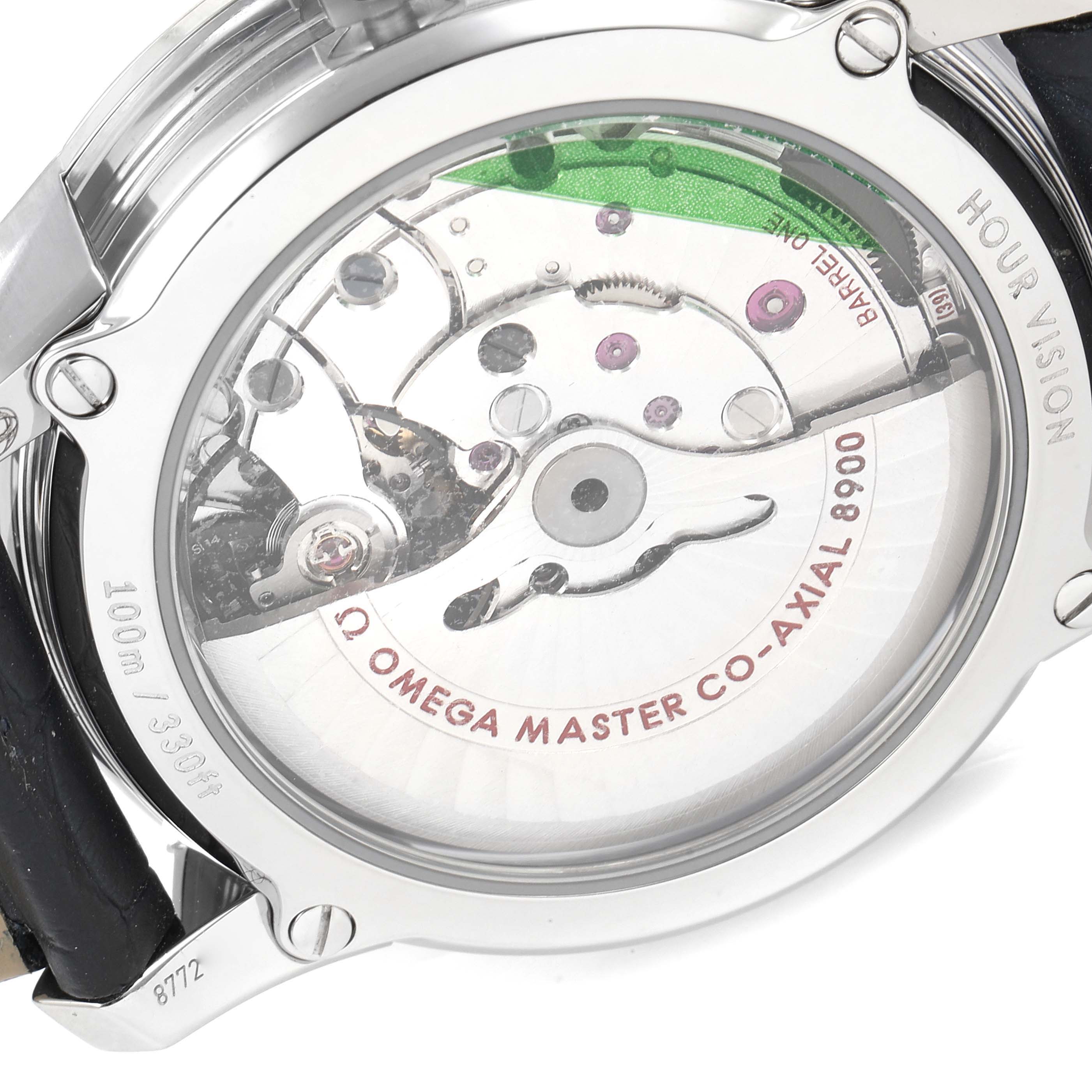 This image shows the back view of the Omega De Ville 433.33.41.21.03.001 Men's Stainless Steel Blue Dial 433.33.41.21.03.001 Men's Stainless Steel Blue Dial watch, displaying its exposed automatic movement.