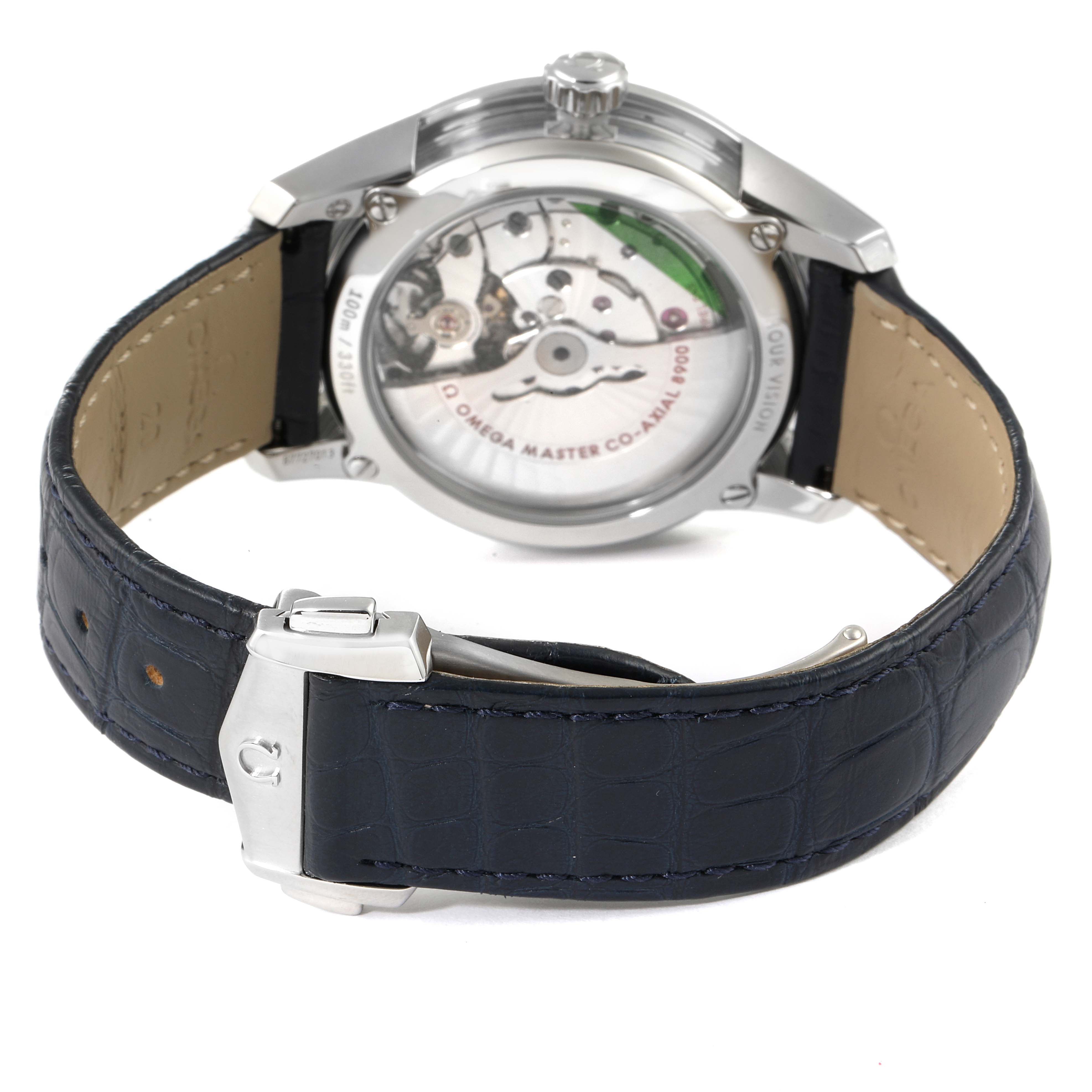 The image shows the back view of an Omega De Ville 433.33.41.21.03.001 Men's Stainless Steel Blue Dial 433.33.41.21.03.001 Men's Stainless Steel Blue Dial watch, highlighting its transparent case back and blue leather strap.