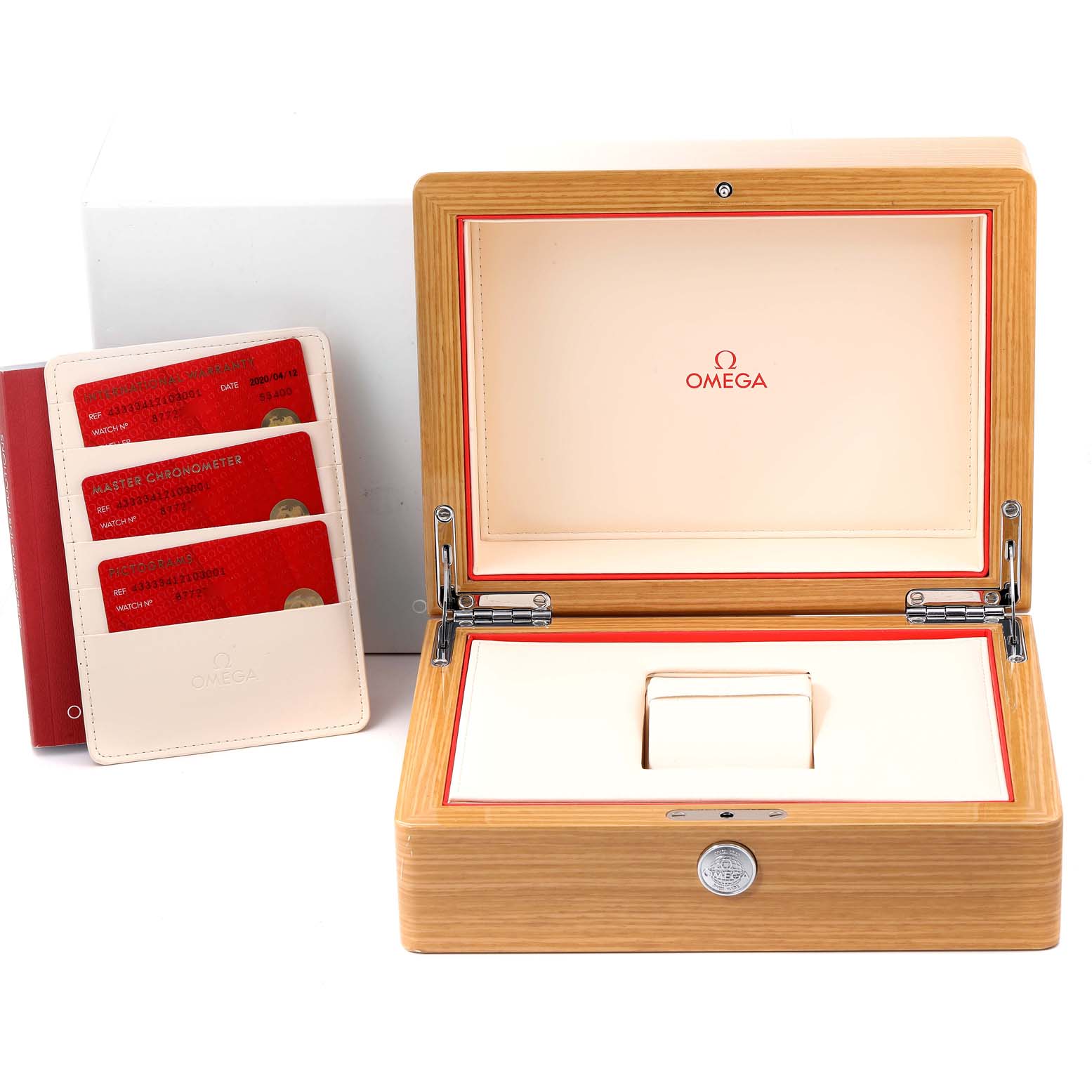 The image shows an open Omega De Ville 433.33.41.21.03.001 Men's Stainless Steel Blue Dial 433.33.41.21.03.001 Men's Stainless Steel Blue Dial watch box with documentation cards placed next to it.