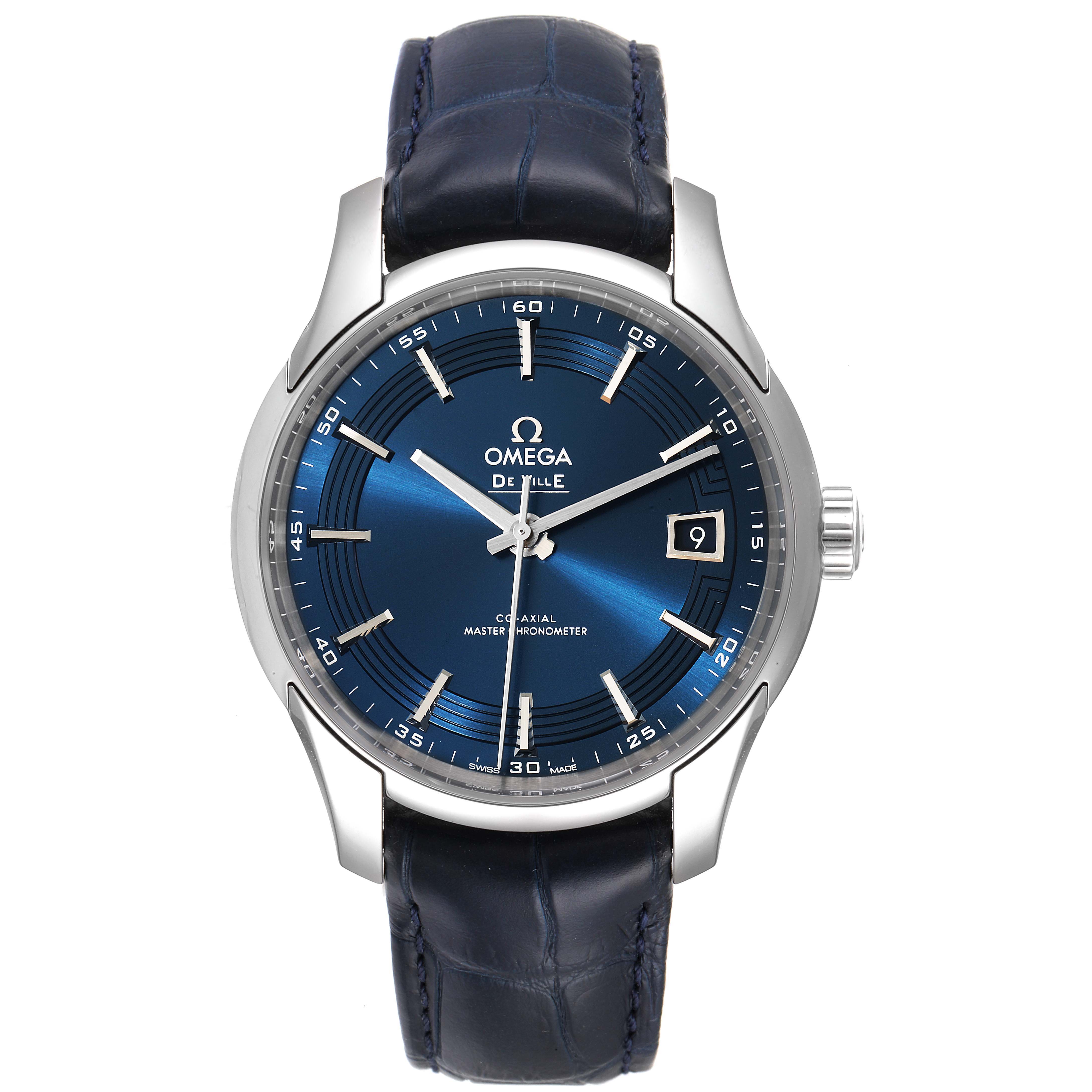 The Omega De Ville 433.33.41.21.03.001 Men's Stainless Steel Blue Dial 433.33.41.21.03.001 Men's Stainless Steel Blue Dial watch is shown from a frontal angle, featuring a blue dial, silver markers, and a blue leather strap.