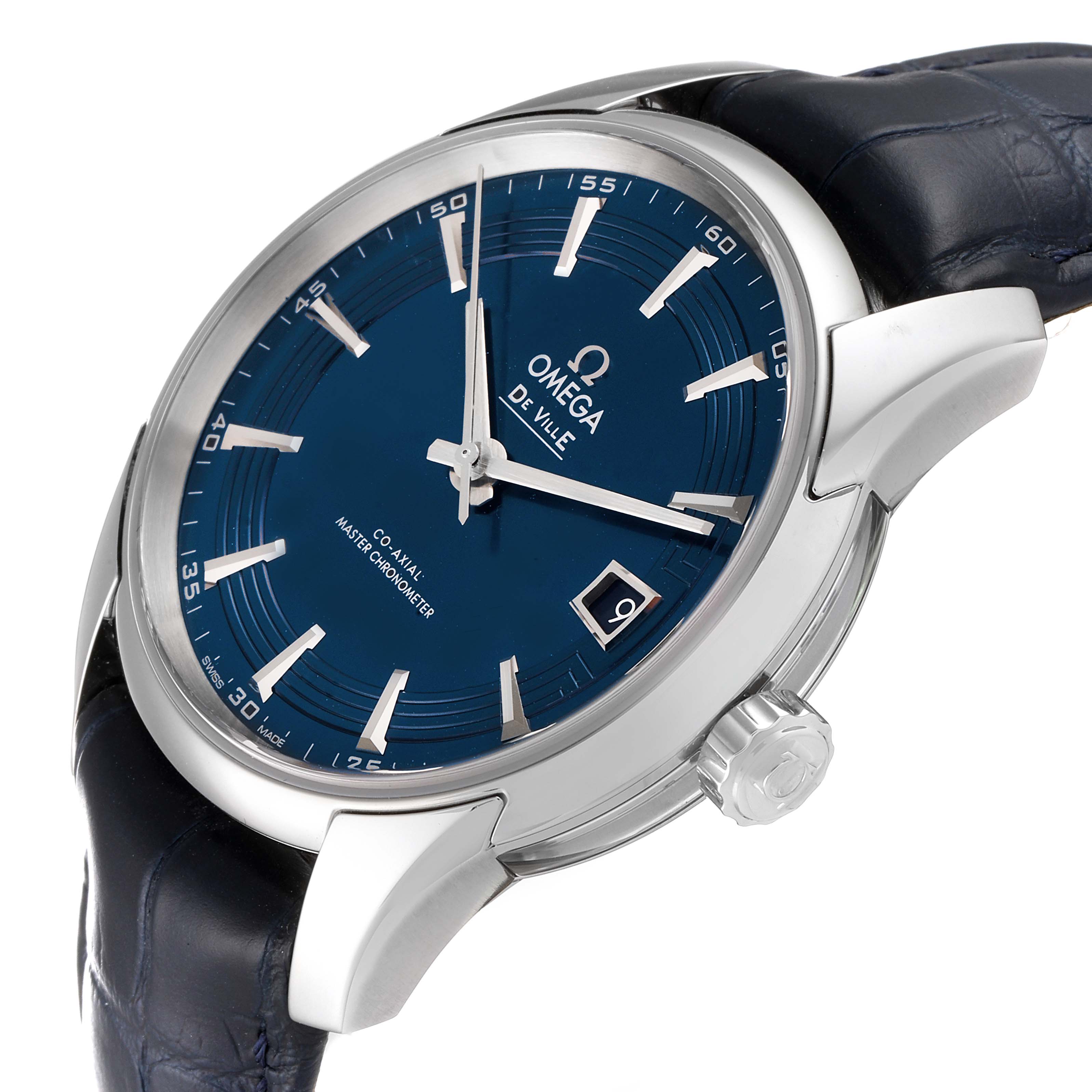 This image shows a close-up, angled view of the Omega De Ville 433.33.41.21.03.001 Men's Stainless Steel Blue Dial 433.33.41.21.03.001 Men's Stainless Steel Blue Dial watch, highlighting the dial, case, and part of the strap.