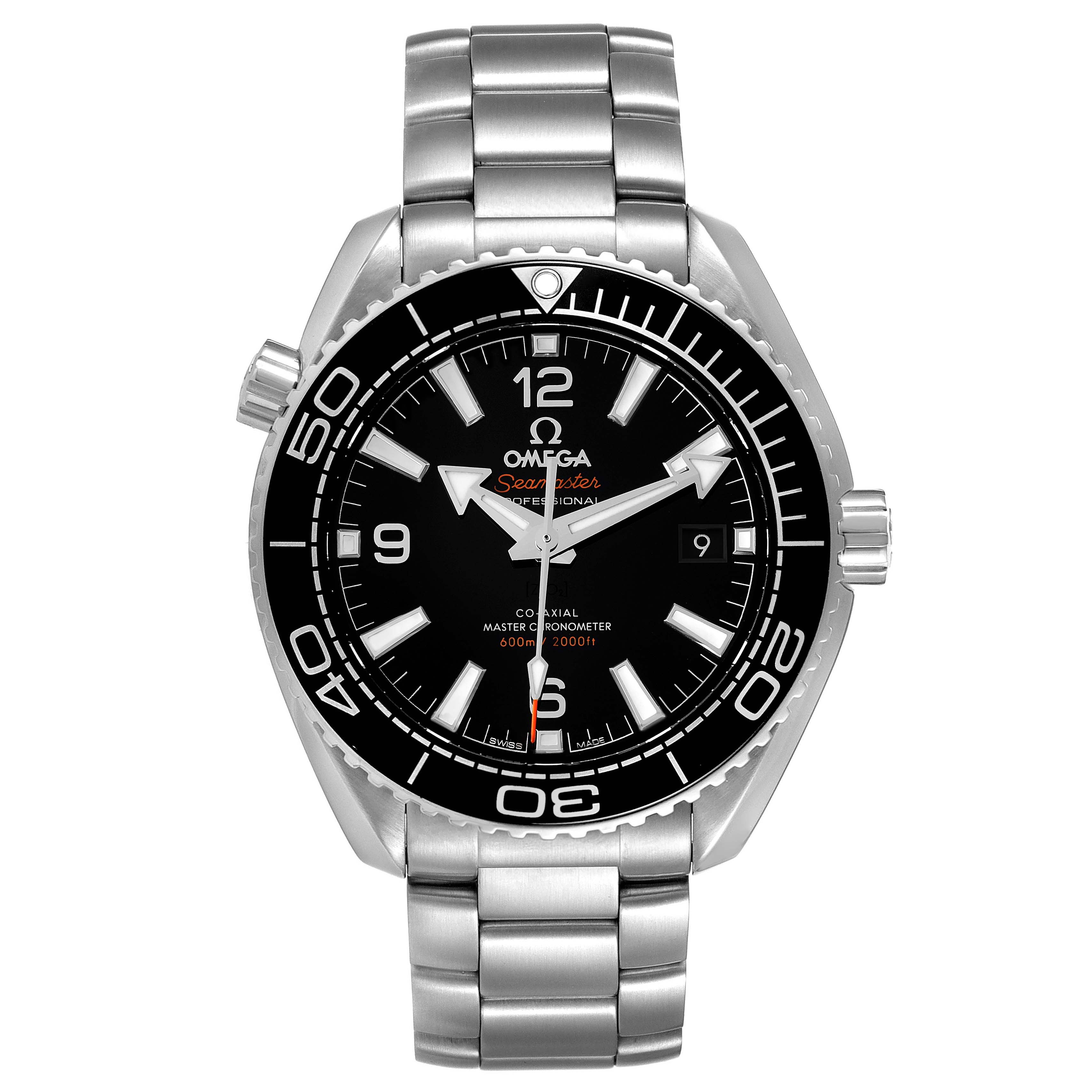 The Omega Planet Ocean 215.30.40.20.01.001 Men's Stainless Steel Black Dial 215.30.40.20.01.001 Men's Stainless Steel Black Dial watch is shown from a frontal angle, featuring its face, bezel, and bracelet.