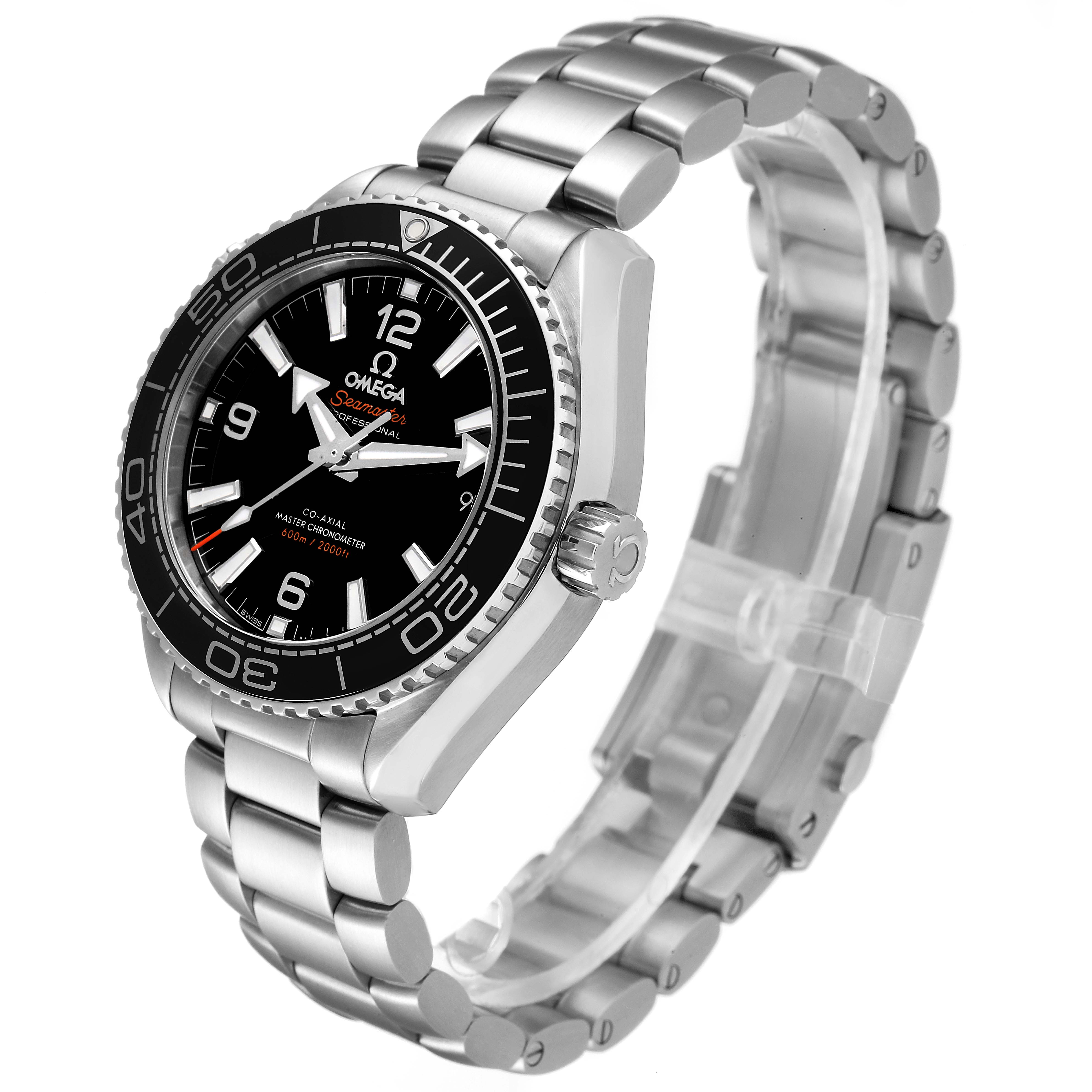 The Omega Planet Ocean 215.30.40.20.01.001 Men's Stainless Steel Black Dial 215.30.40.20.01.001 Men's Stainless Steel Black Dial model is shown at a three-quarter angle, displaying the black dial, bezel, and stainless steel bracelet.