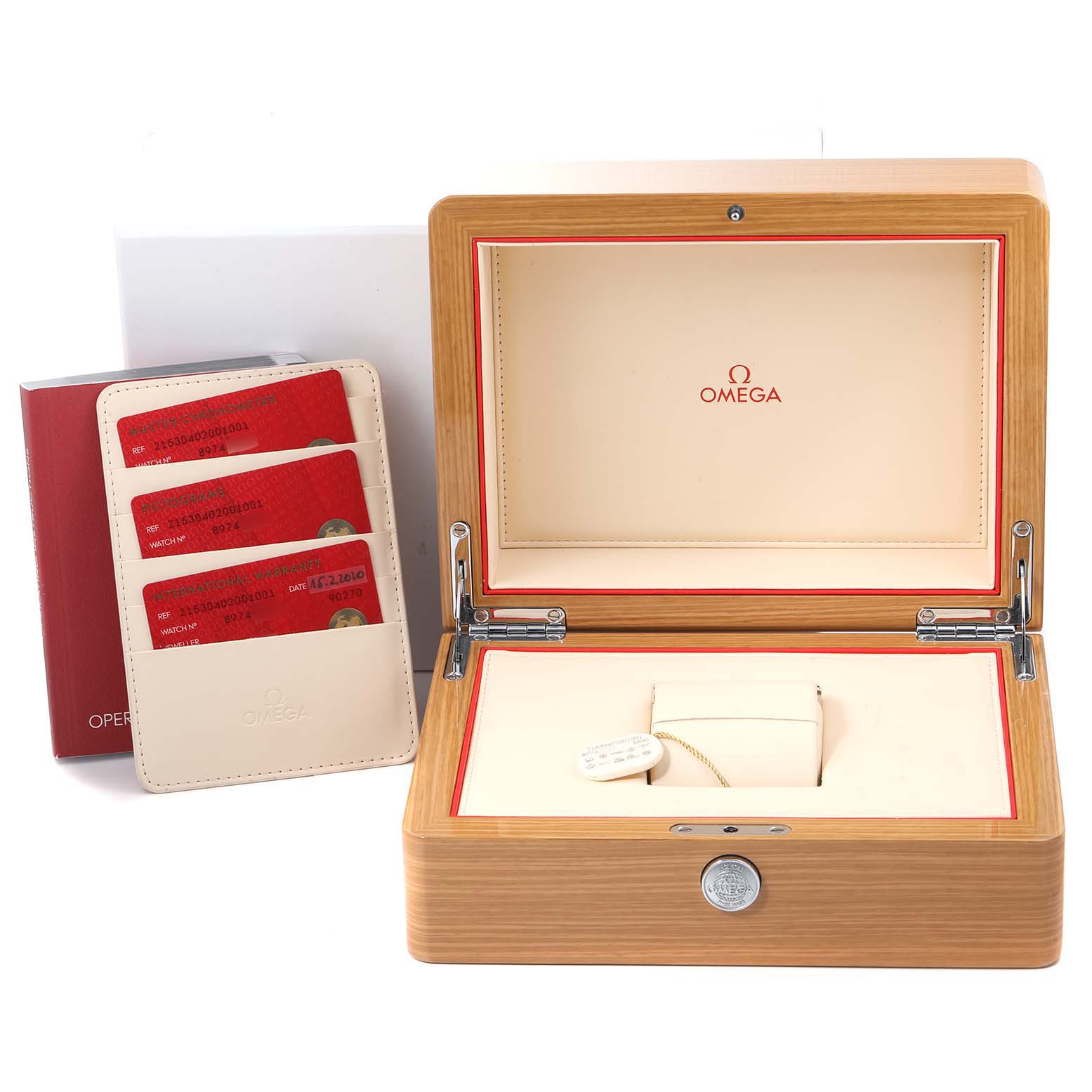 The image shows an open Omega Planet Ocean 215.30.40.20.01.001 Men's Stainless Steel Black Dial 215.30.40.20.01.001 Men's Stainless Steel Black Dial watch box, warranty cards, and an instruction manual.