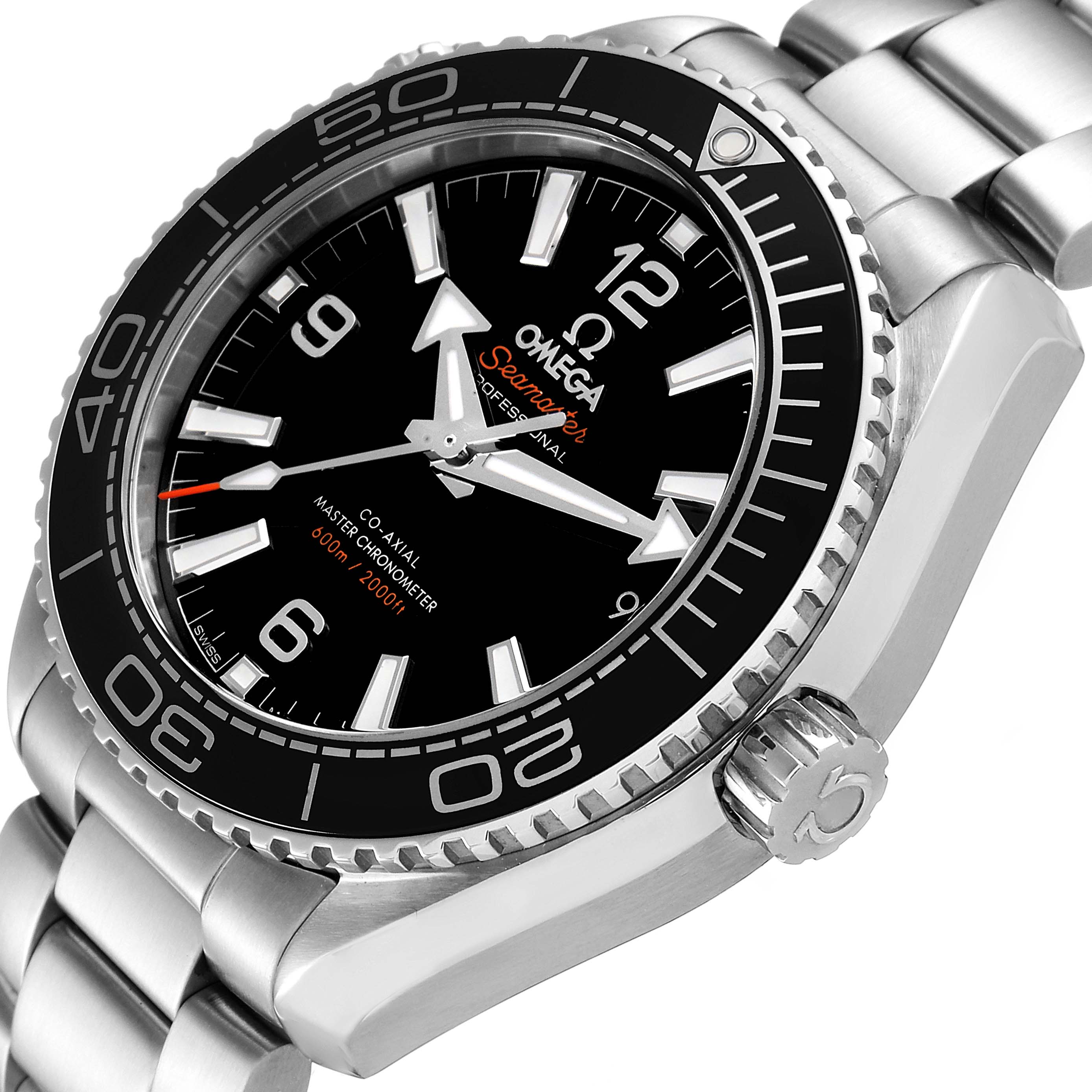 This image shows a close-up angled view of the Omega Planet Ocean 215.30.40.20.01.001 Men's Stainless Steel Black Dial 215.30.40.20.01.001 Men's Stainless Steel Black Dial watch, highlighting the dial, bezel, crown, and bracelet.