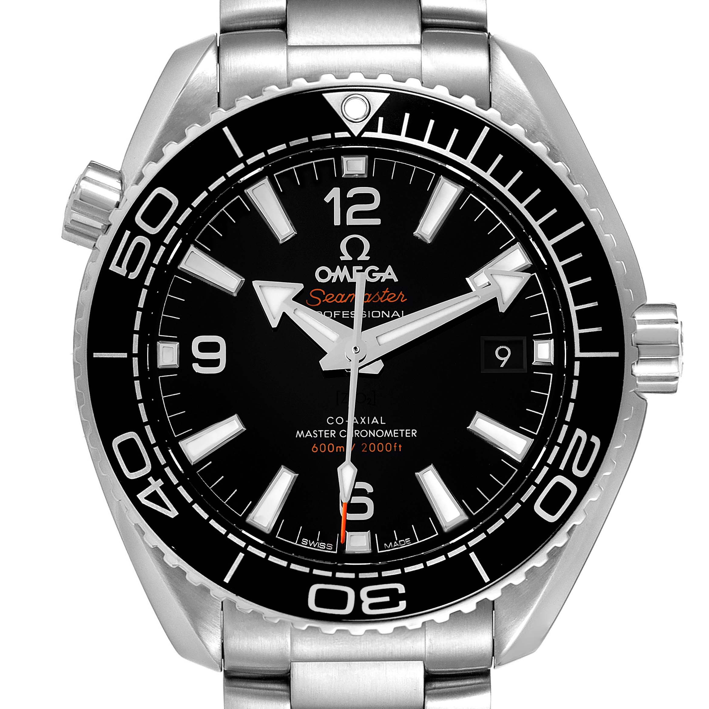 The image shows a front view of the Omega Planet Ocean 215.30.40.20.01.001 Men's Stainless Steel Black Dial 215.30.40.20.01.001 Men's Stainless Steel Black Dial model watch, focusing on its dial, bezel, and bracelet.